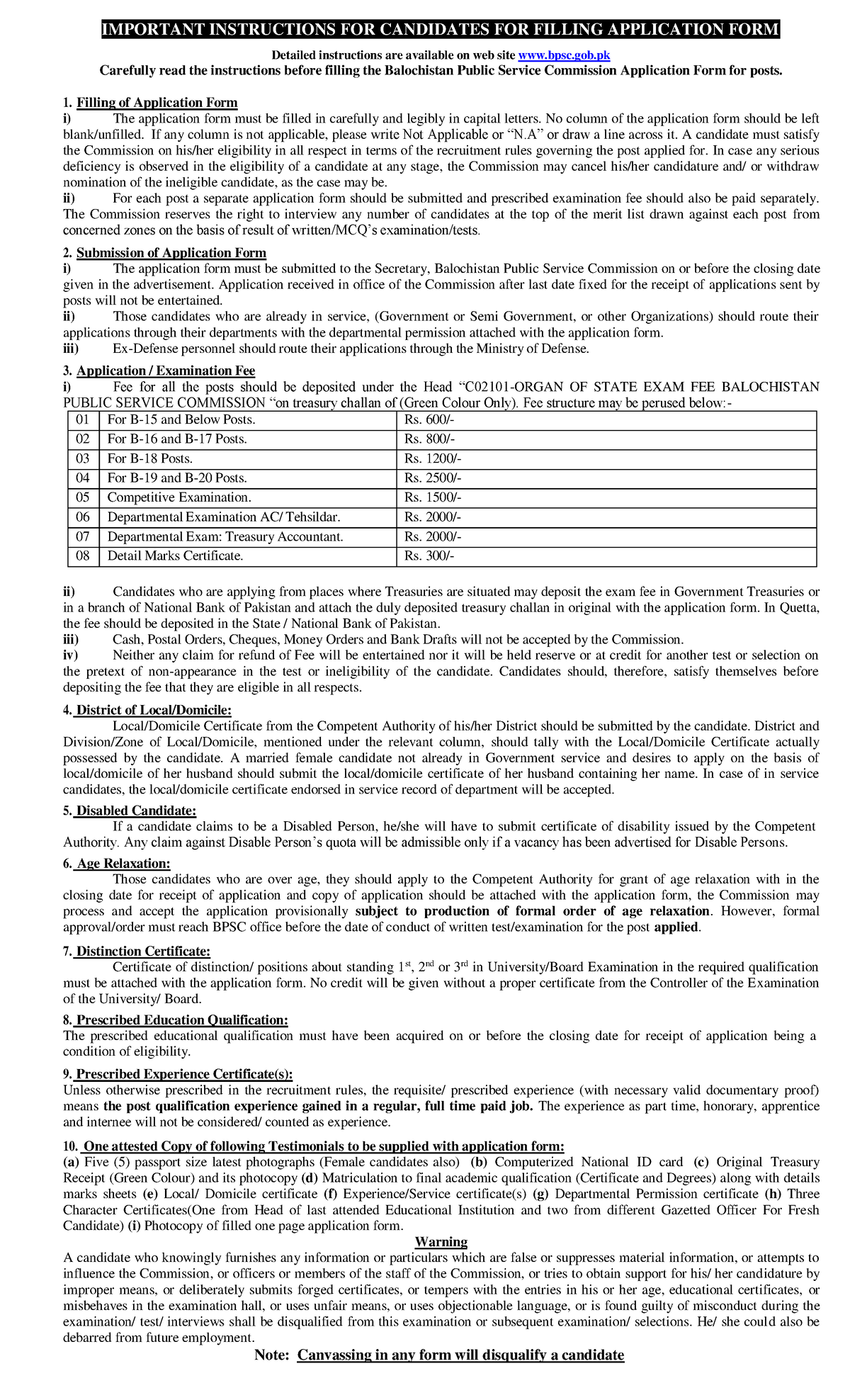 BPSC Application Form Instructions for Candidates - Studocu