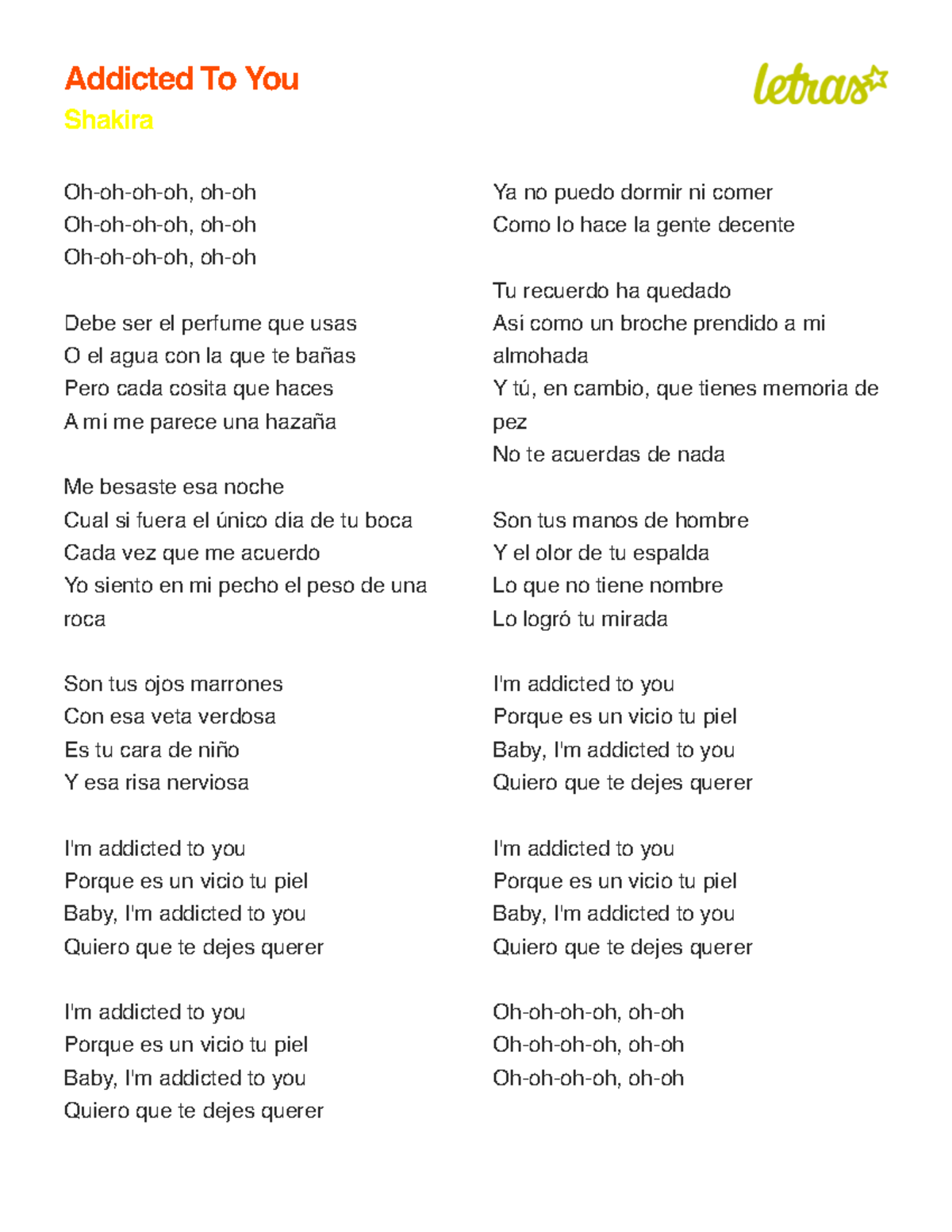 Addicted To You - Análisis de la Canción de Shakira - Studocu