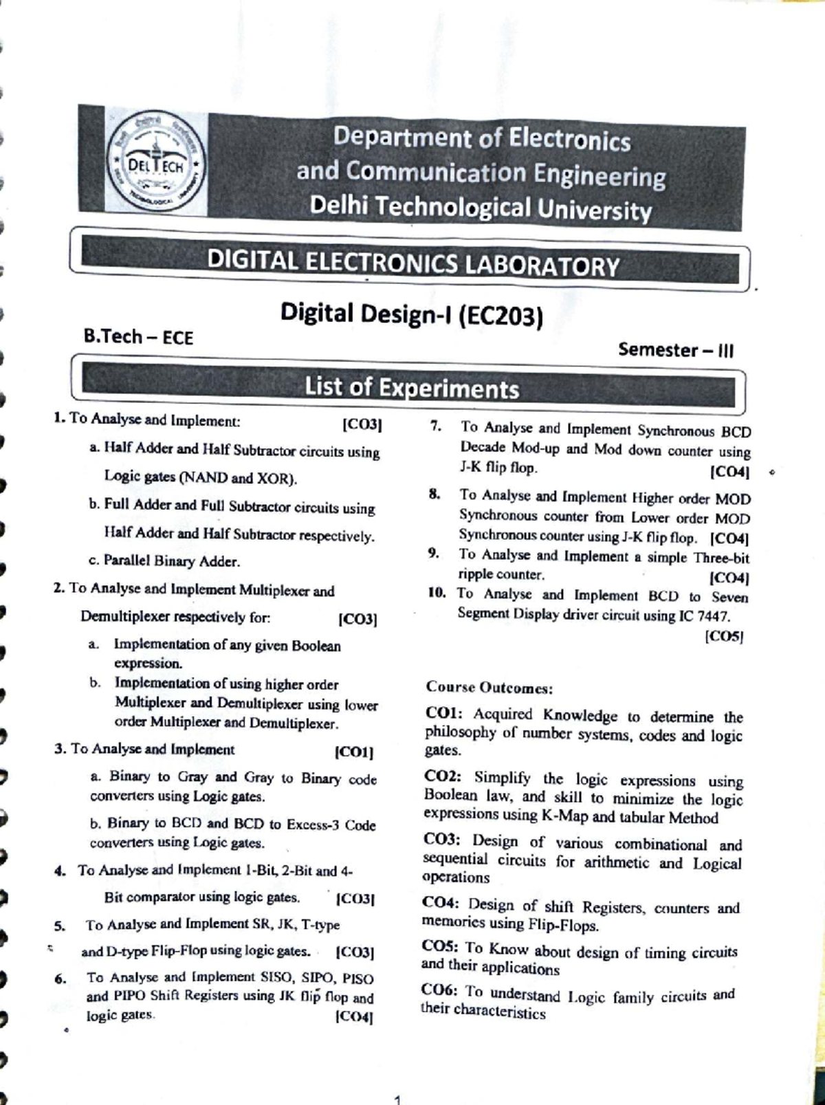 Digital Electronics Lab Manual (EC203) - B.Tech ECE Experiments - Studocu