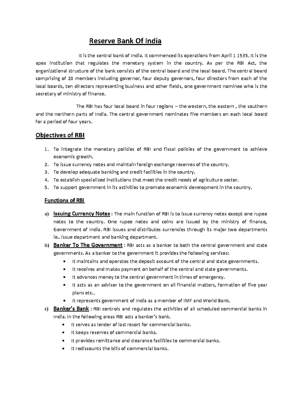 RBI Lecture Notes: Overview of Functions and Objectives - Studocu