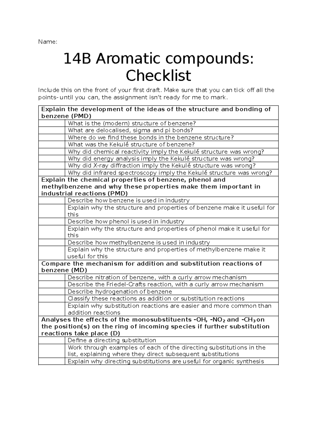 14B Aromatic Compounds: Structure, Bonding & Industrial Uses Checklist ...