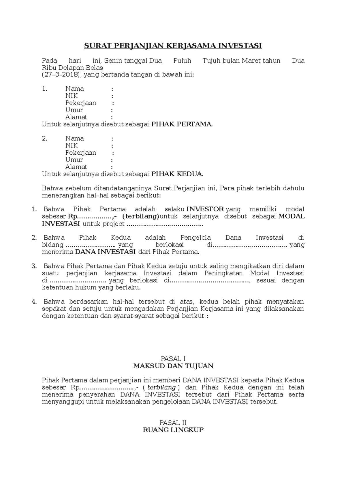 Surat Perjanjian Kerjasama Investasi Modal antara Investor dan Pengelola - Document Preview