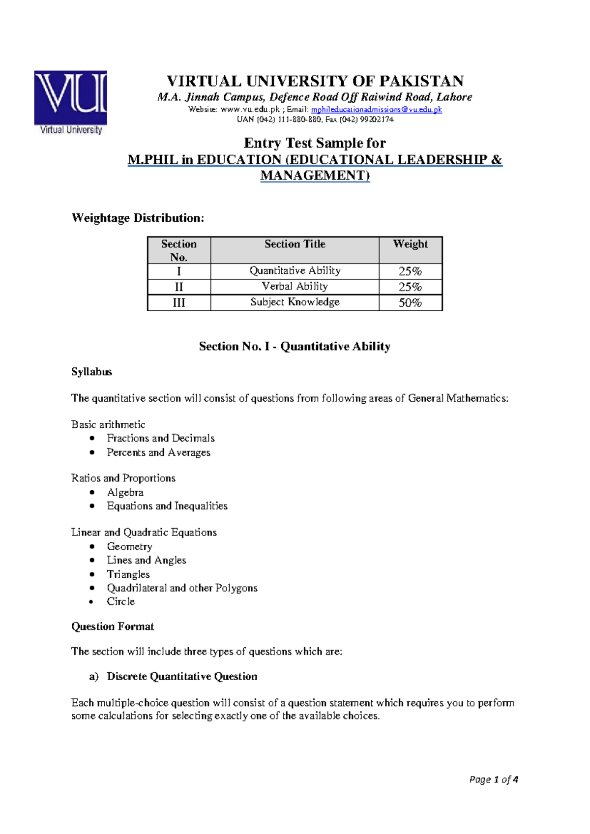 Entry Test Sample for M.Phil in Education (Leadership & Mgmt) - Studocu