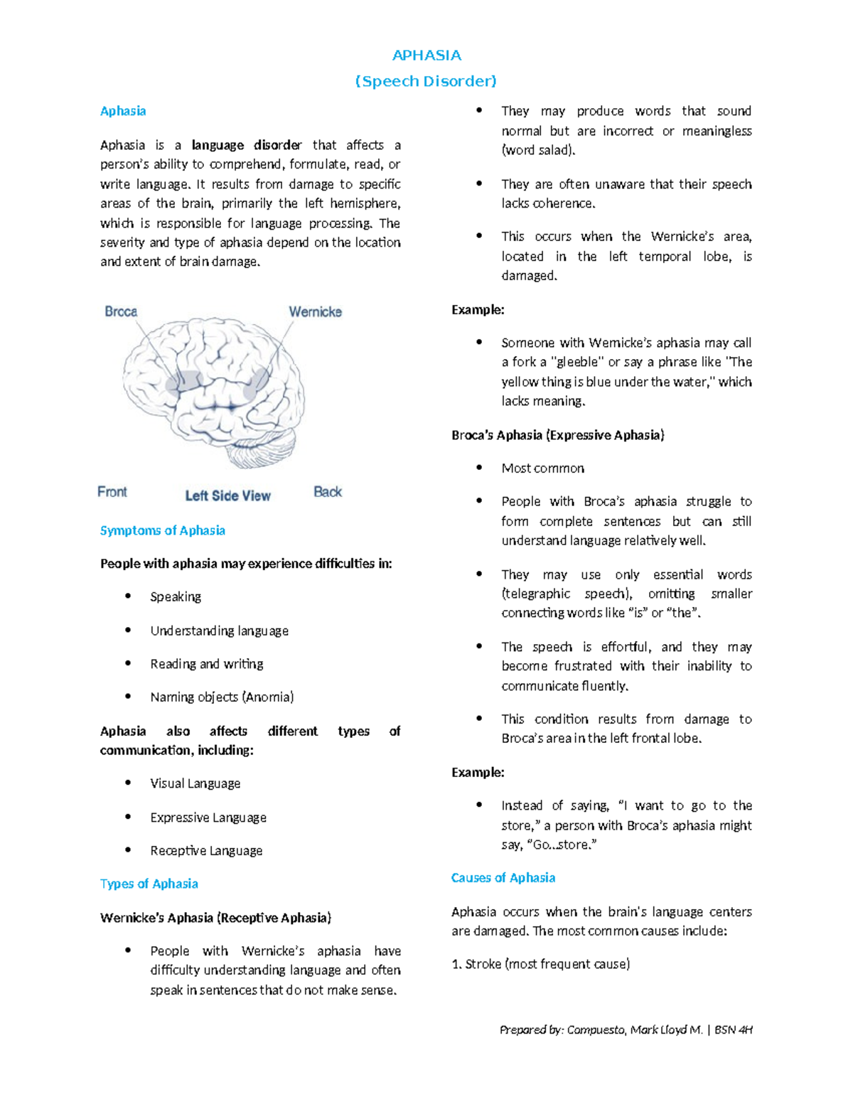 APHASIA: Understanding Speech Disorders - APHASIA Handout - Studocu