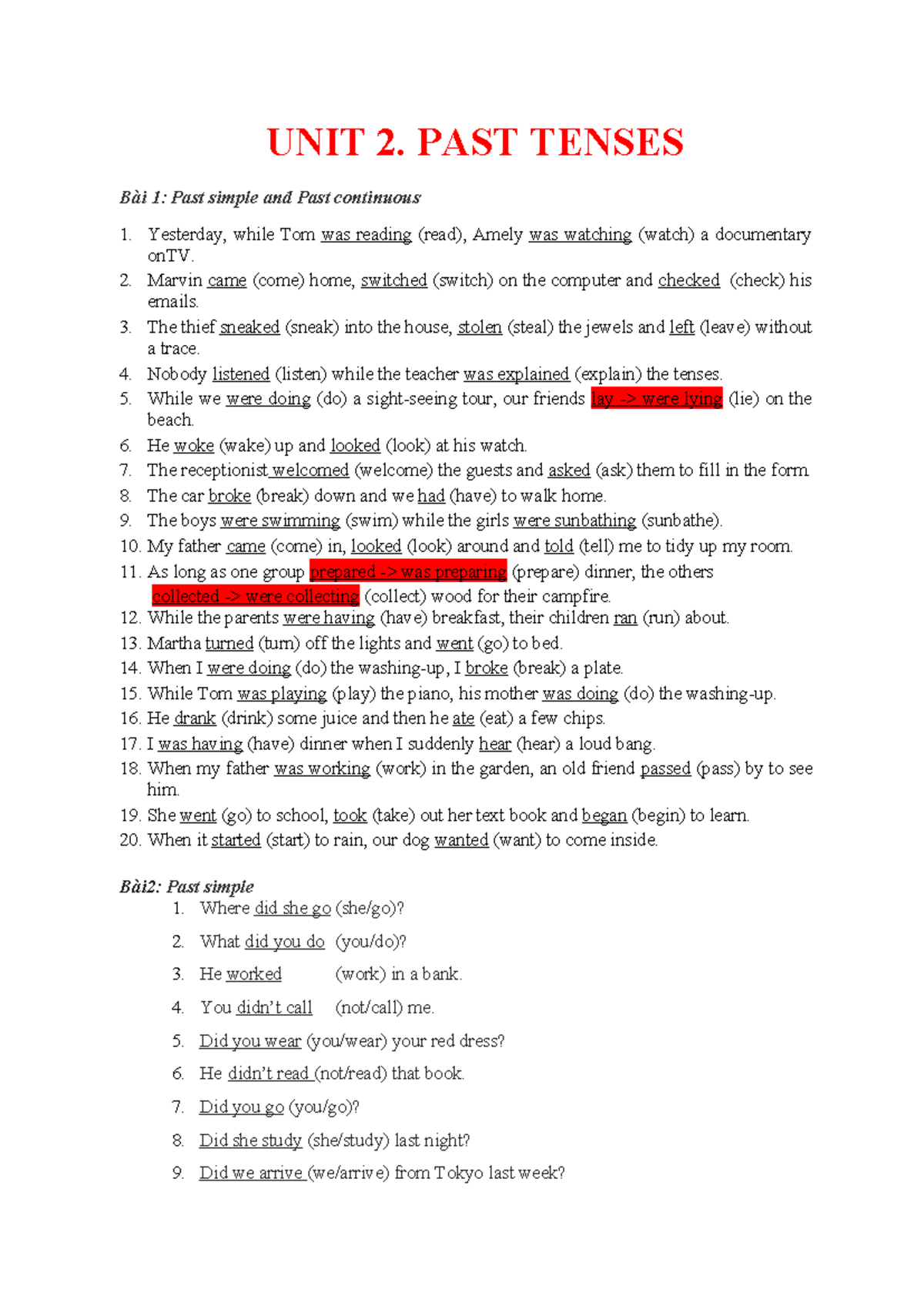 UNIT 2 - UNIT 2. PAST TENSES Bài 1: Past simple and Past continuous ...
