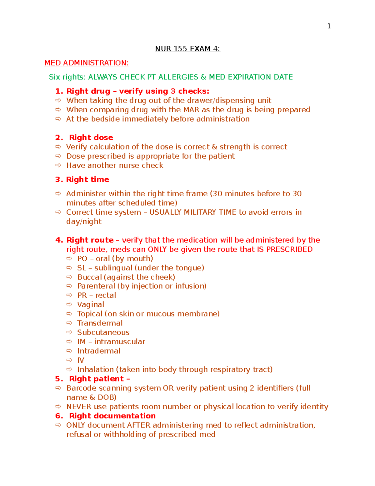 NUR 155 EXAM 4 - medication administration - NUR 155 EXAM 4: MED ...