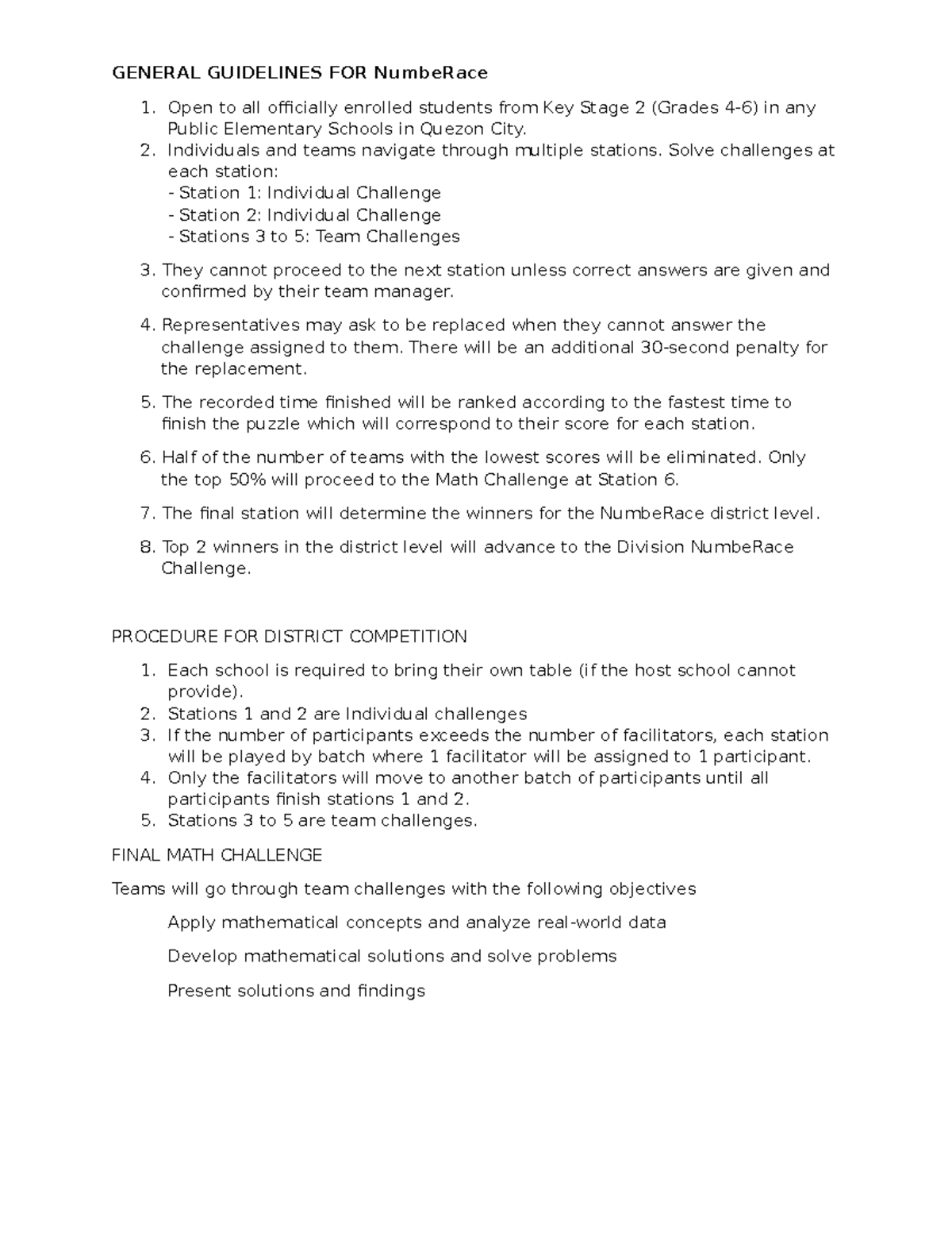General Guidelines for NumbeRace Competition - Studocu