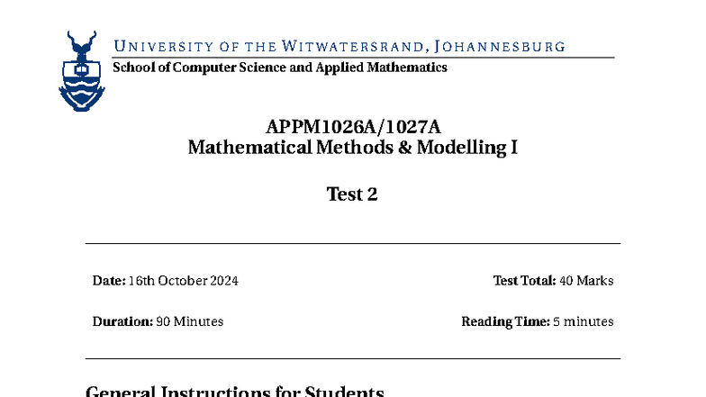 APPM1026A - Mathematical Methods Modelling I Test 2 - 2024 - Studocu