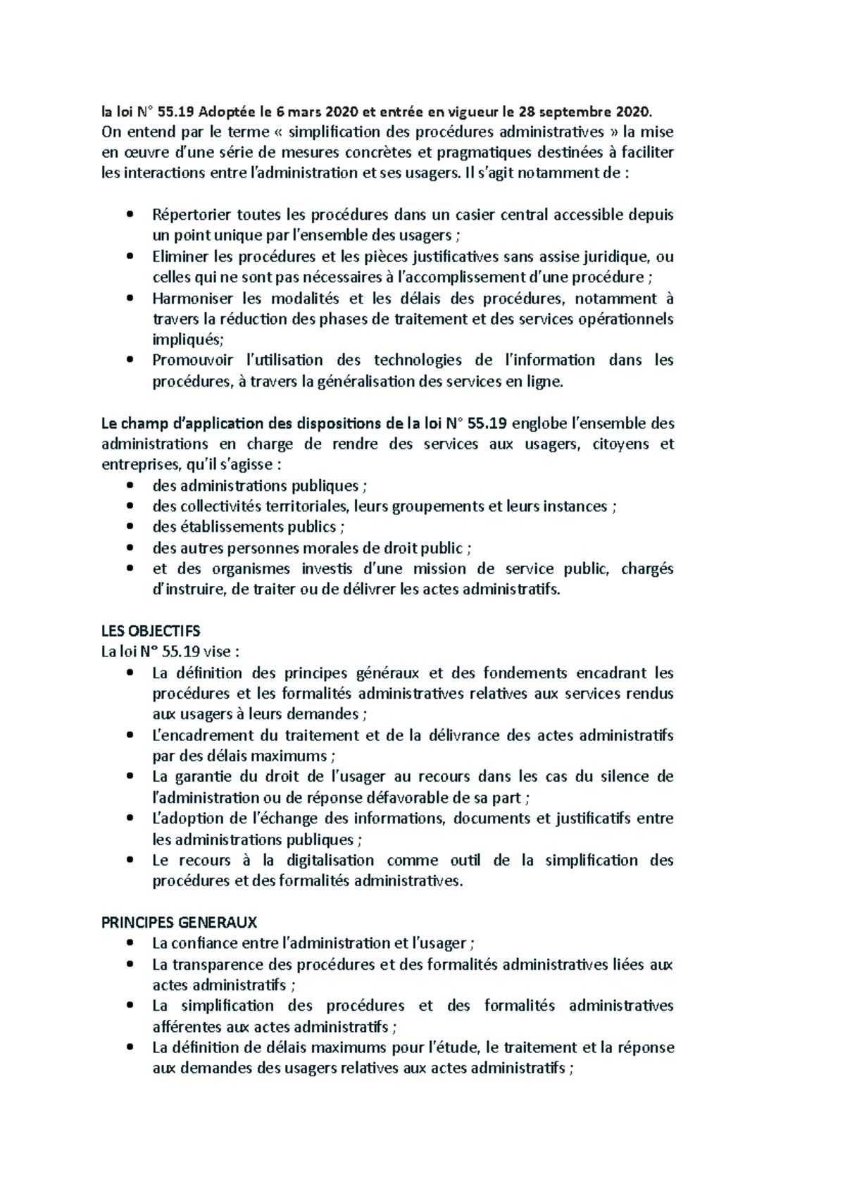 Loi N° 55.19 : Simplification des Procédures Administratives - Studocu