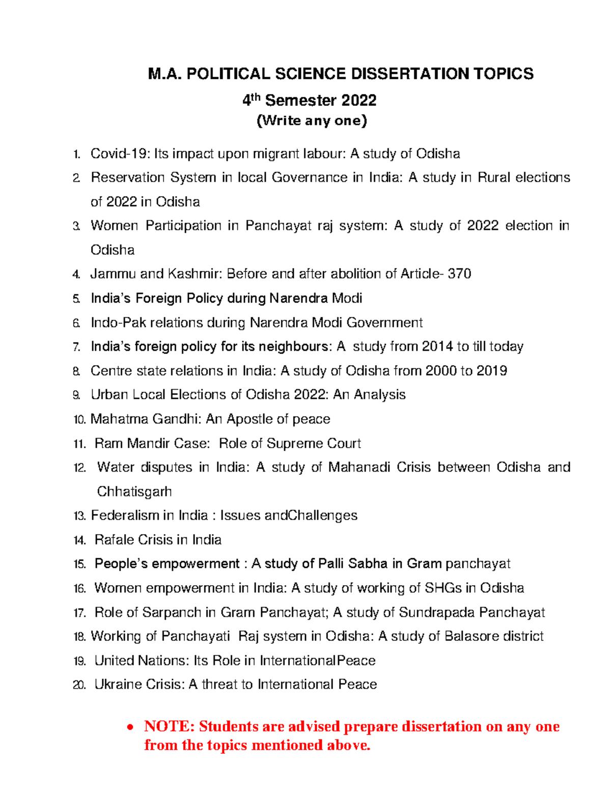 Polsc - Dissertation Topics for 4th Semester 2022 - Studocu