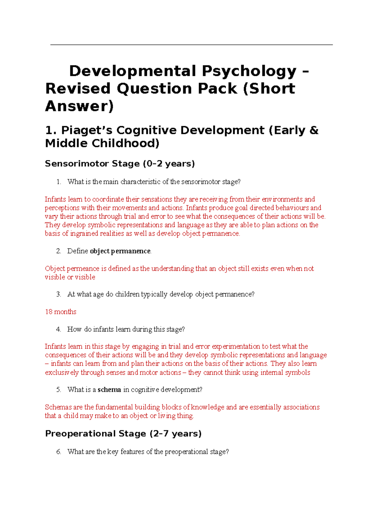 Developmental Psychology (PSY 101) Short Answer Question Pack - Studocu