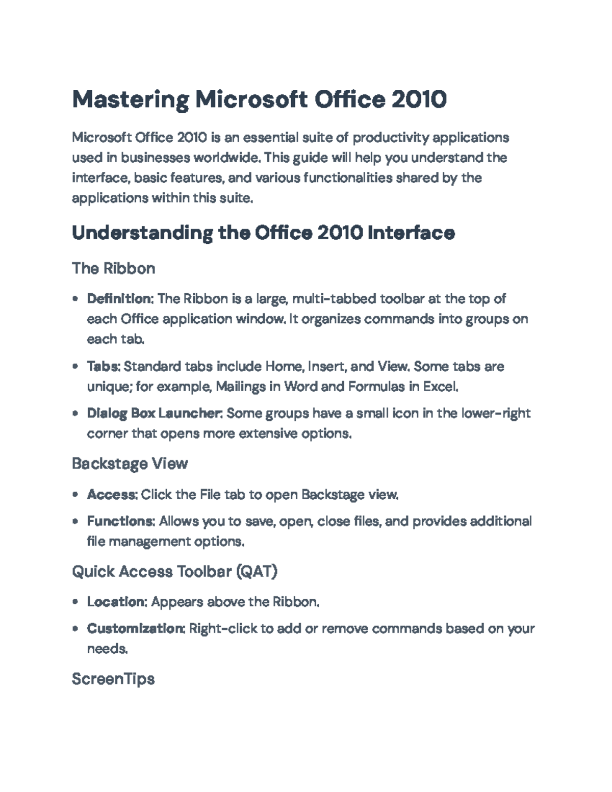 Mastering MS Office 2010: Essential Features & Functions Guide - Studocu