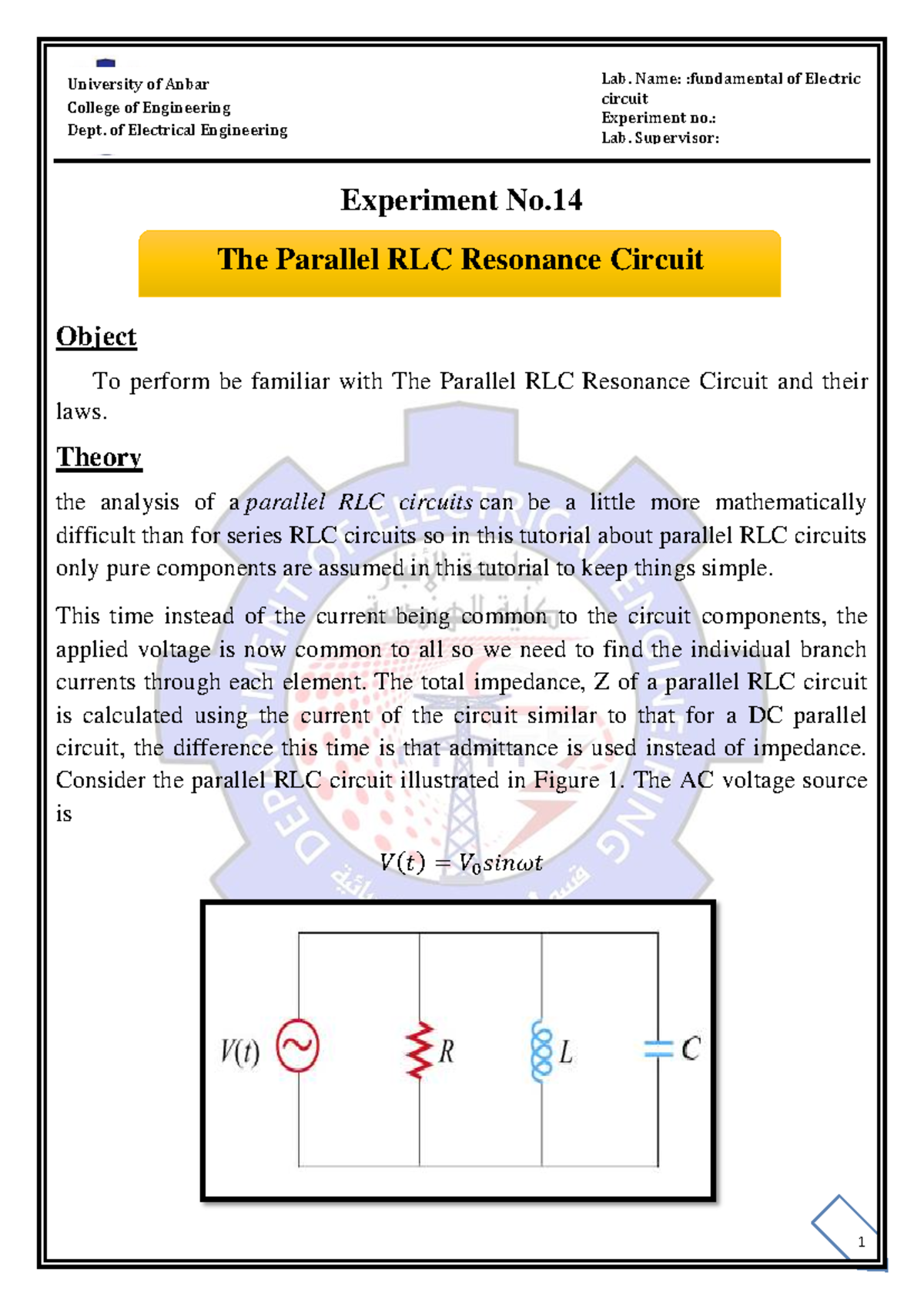 Lab. Experiment No. 41: Parallel RLC Resonance Circuit Analysis - Studocu
