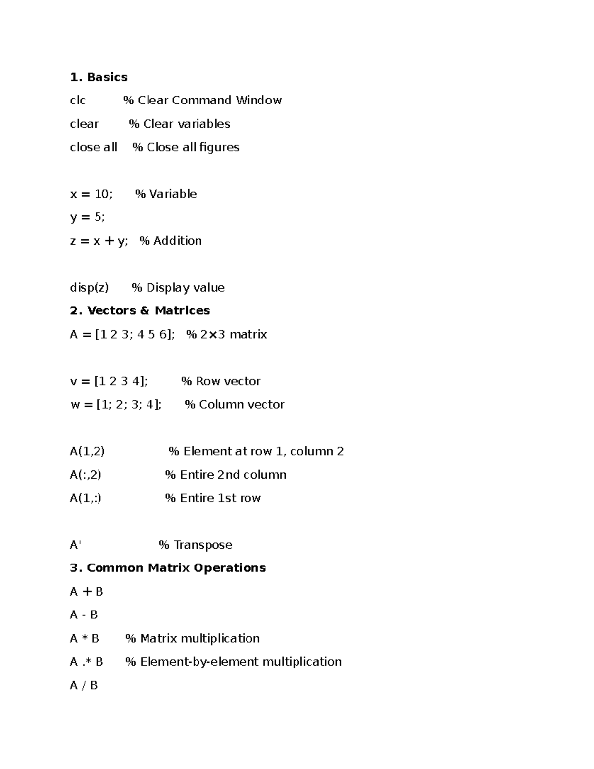 MATLAB Basics: Essential Commands and Functions (MAT 101) - Studocu