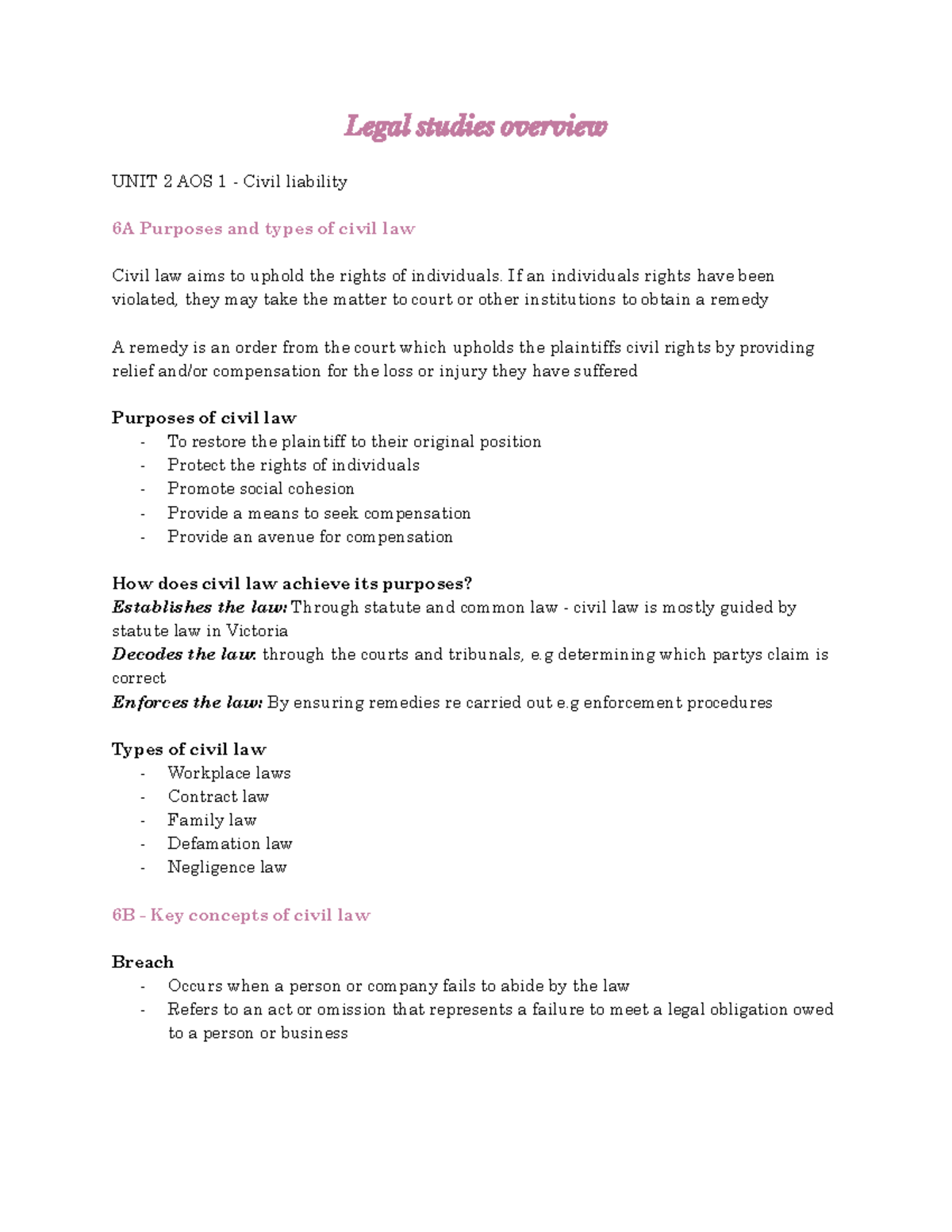 Legal Studies - UNIT 2 AOS 1 - Overview of Civil Law - Studocu