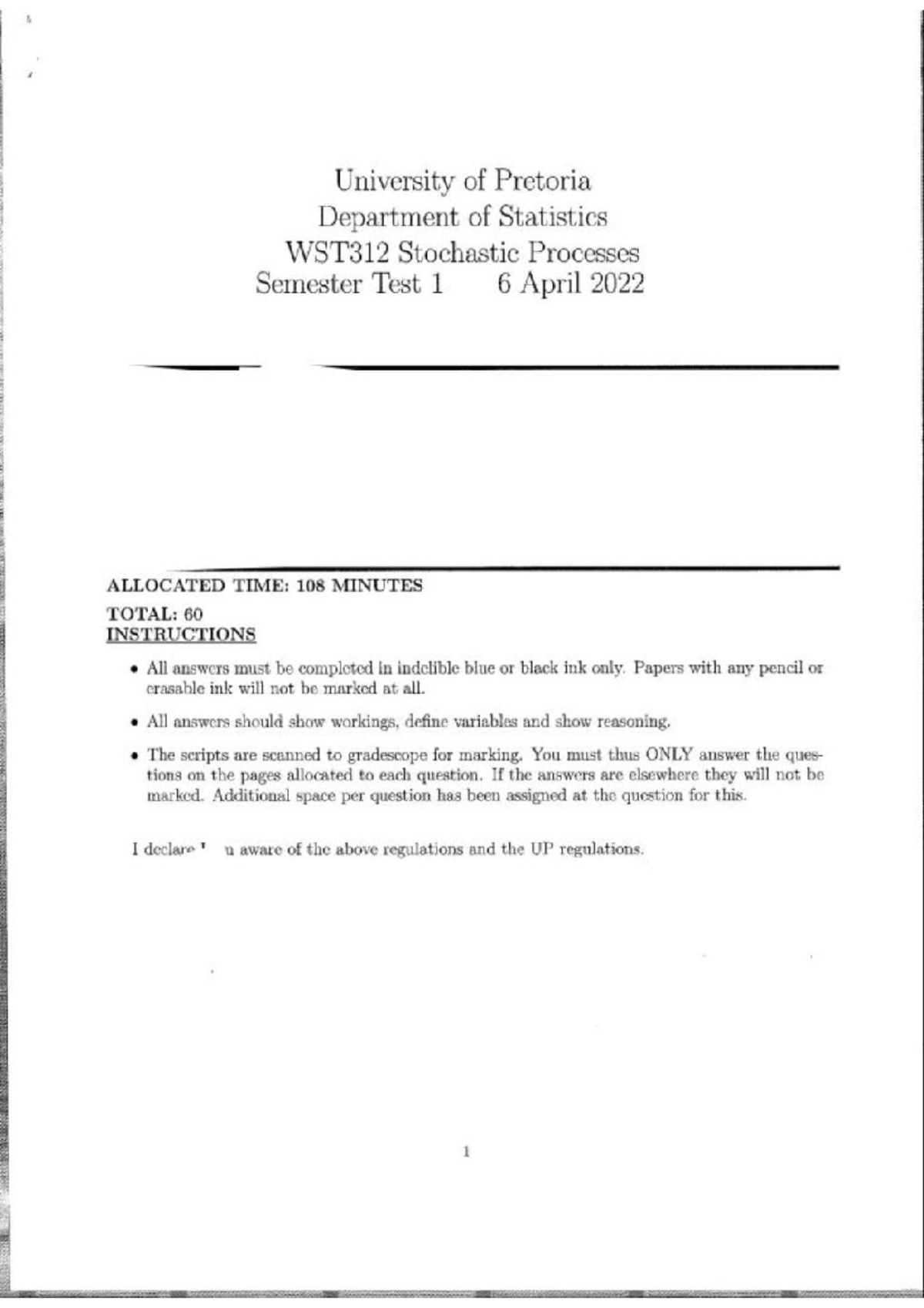 WST312 Stochastic Processes Semester Test 1 Prep Notes - Studocu
