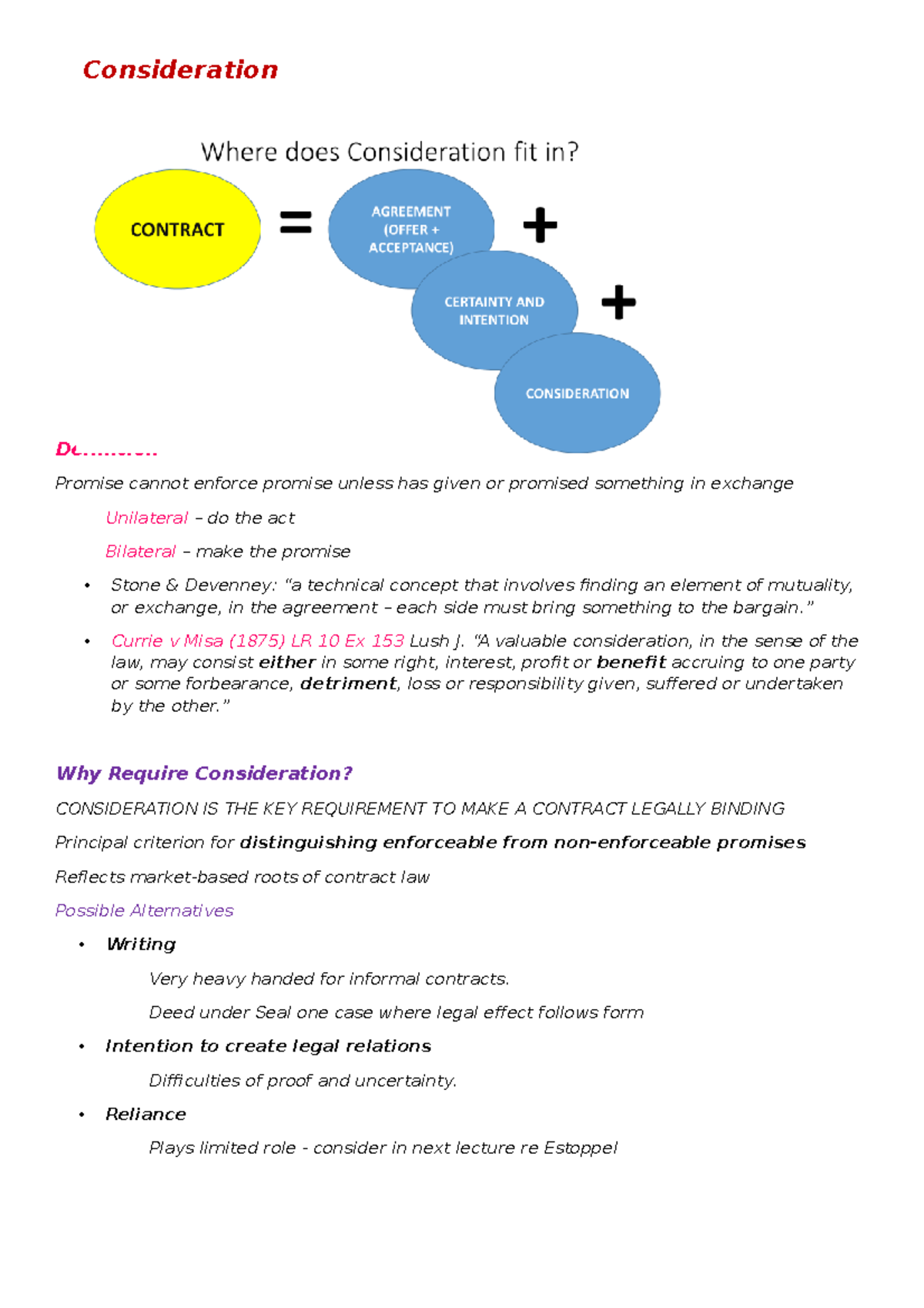Contract Law Topic 5 - Lecture notes 5 - Consideration Deinition ...