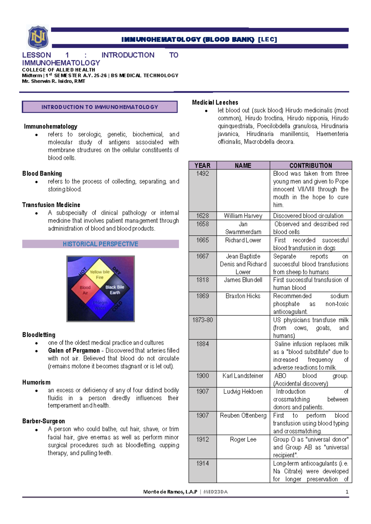 IMMUNOHEMATOLOGY (BLOOD BANK) MIDTERM LESSON 1: INTRODUCTION - Studocu