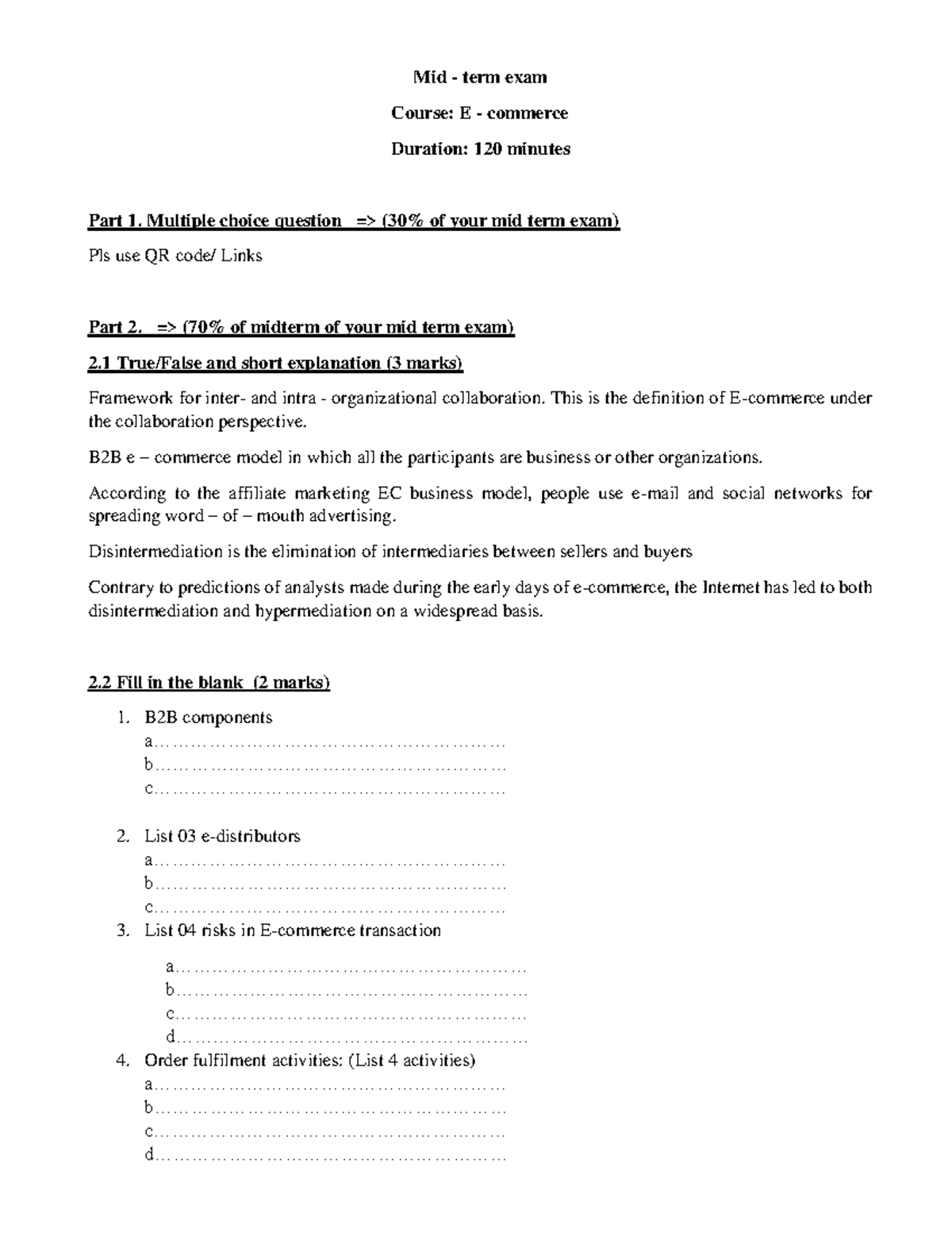 Midterm Exam: E-Commerce (TMDT) - MCQs & Short Answers Guide - Studocu