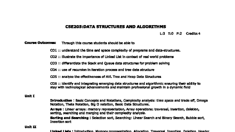 CSE205: Data Structures & Algorithms Syllabus Overview - Studocu