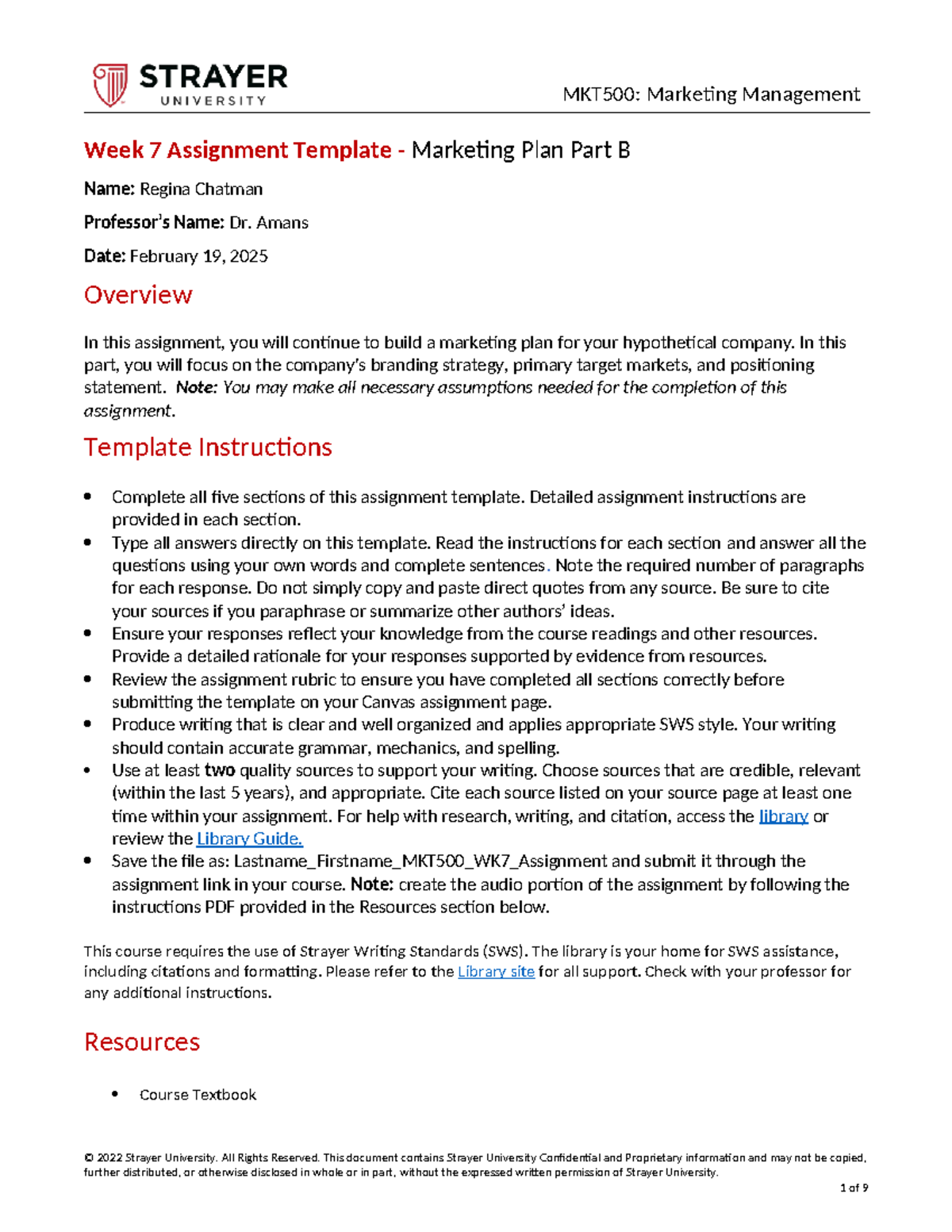 MKT500 WK7 Assignment: Marketing Plan Part B by Regina Chatman - Studocu