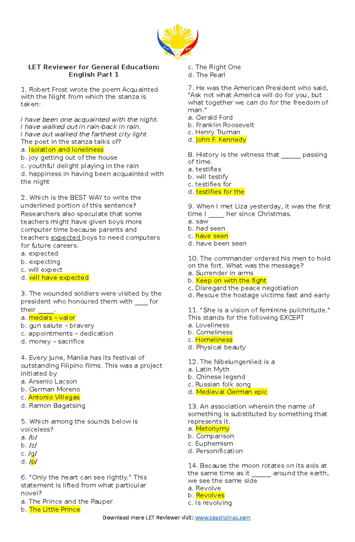 GEN ED English Part 1: Comprehensive LET Reviewer and Answer Key - Studocu