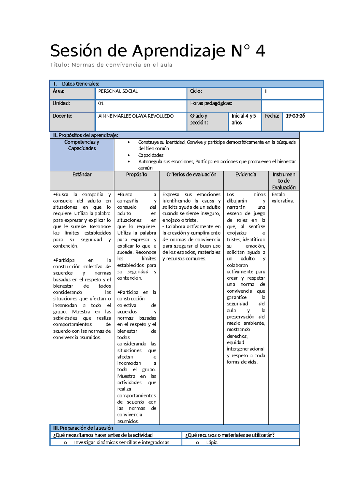 Sesión de Aprendizaje 4: Normas de Convivencia en el Aula - Personal ...