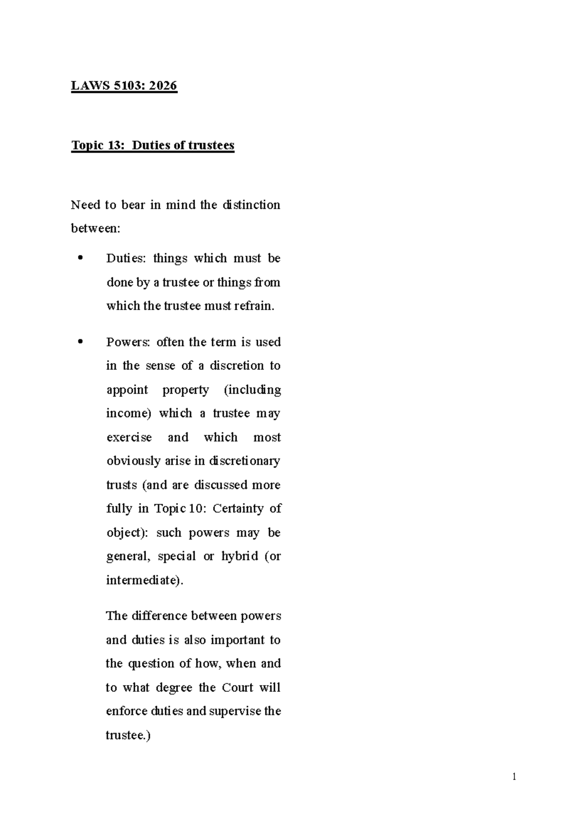 LAWS 5103: 2026 Topic 13 - Duties and Powers of Trustees - Studocu
