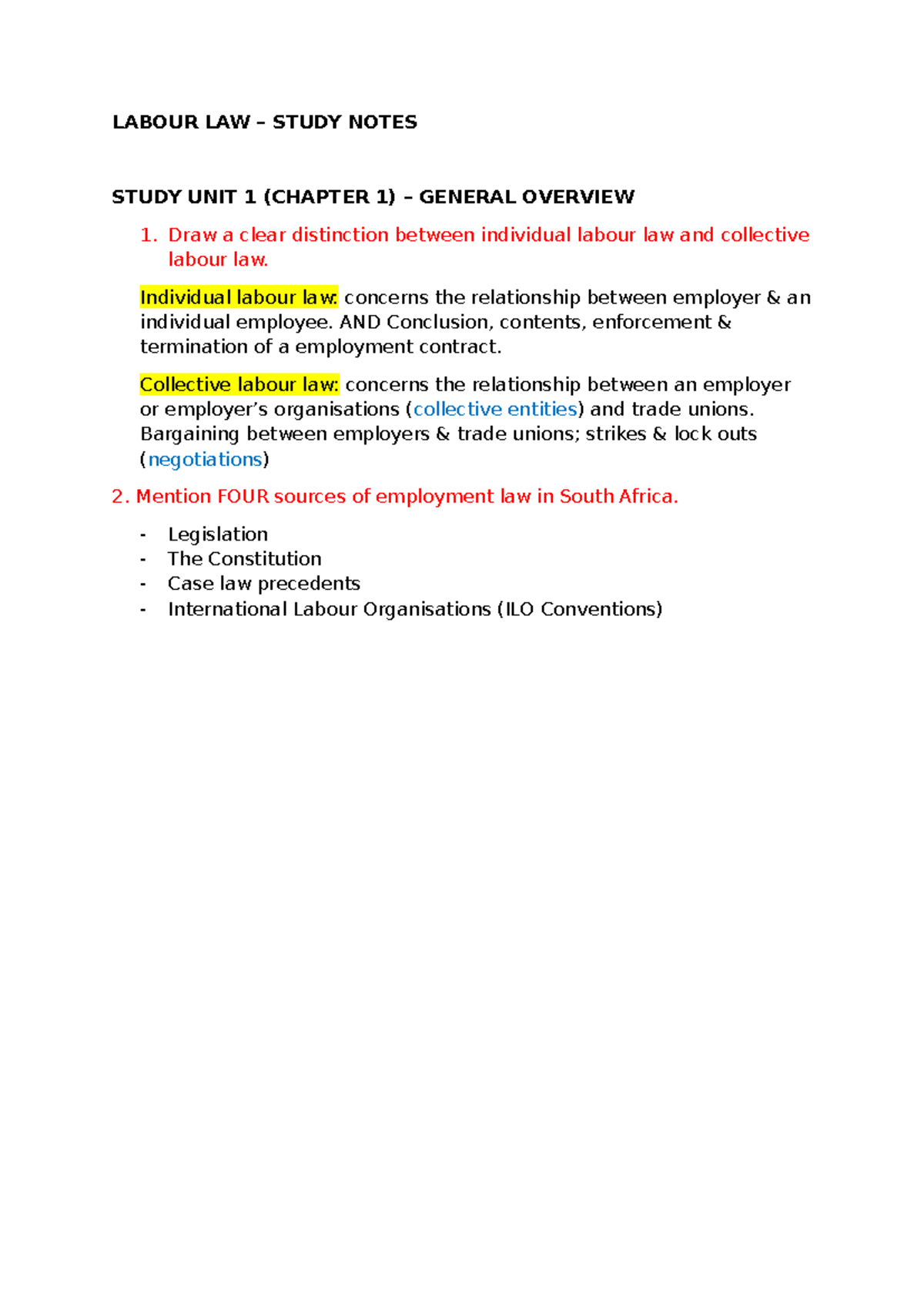 LABOUR LAW STUDY NOTES (LLB 101) - GENERAL OVERVIEW & EMPLOYEE ...