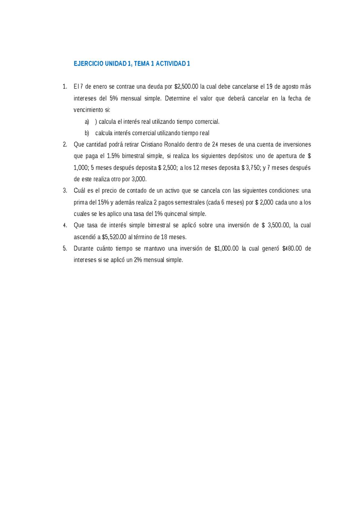 EJERCICIO UNIDAD 1: TEMA 1 ACTIVIDAD 1 - Cálculo de Intereses - Studocu