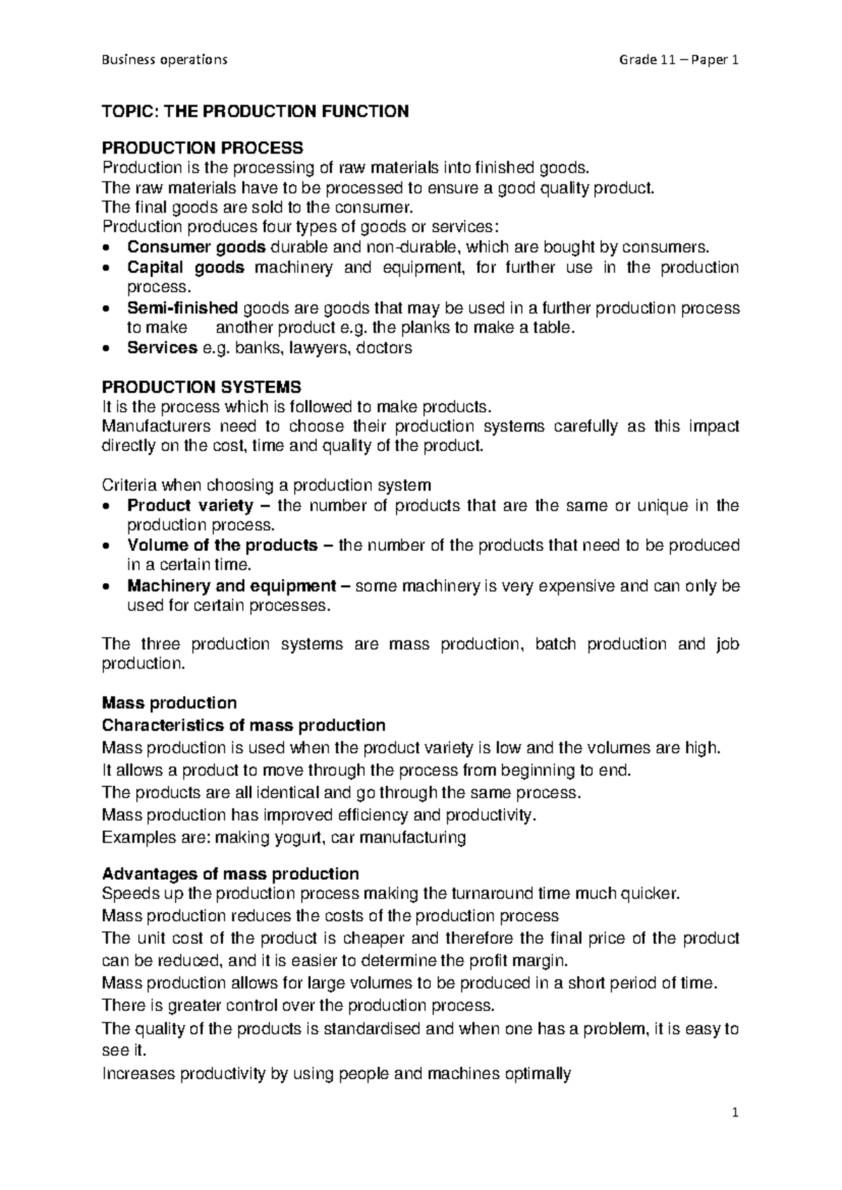 Business Operations Grade 11: Production Function Overview and Insights ...