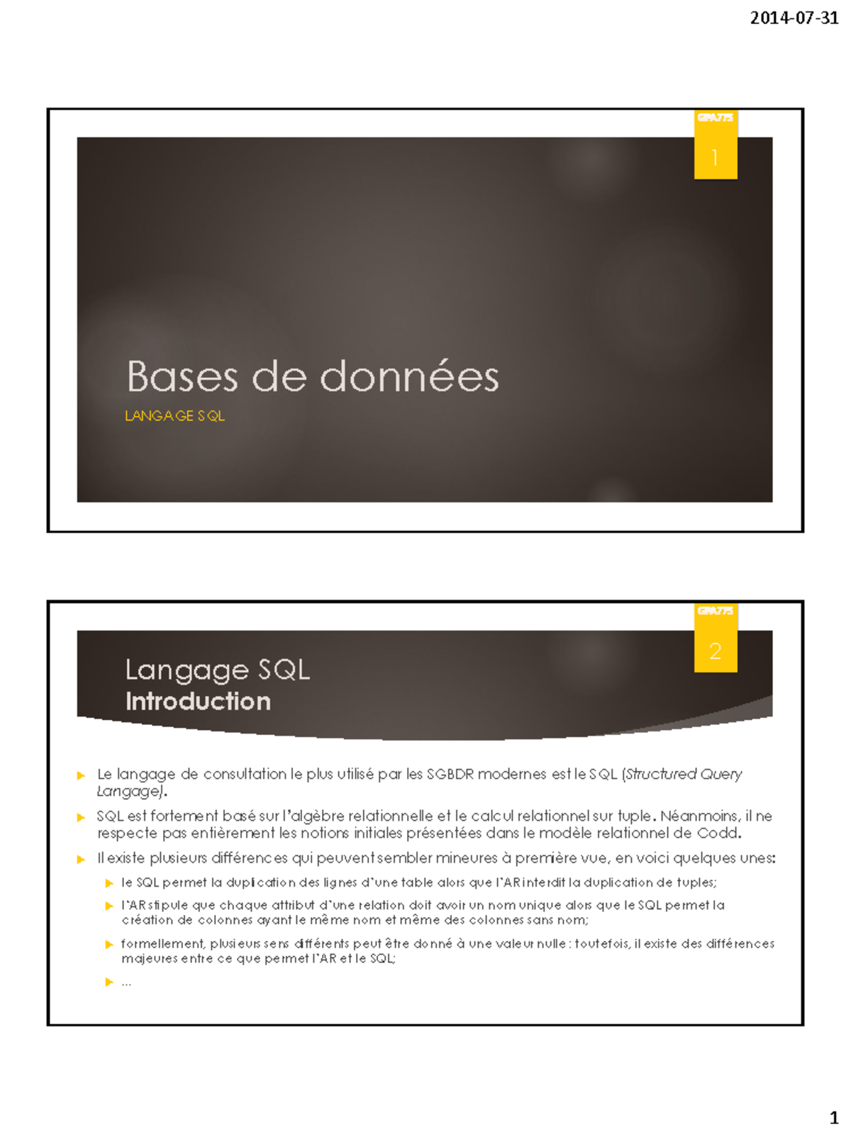 Cours mysql - Bases de données LANGAGE SQL 1 Langage SQL Introduction ...