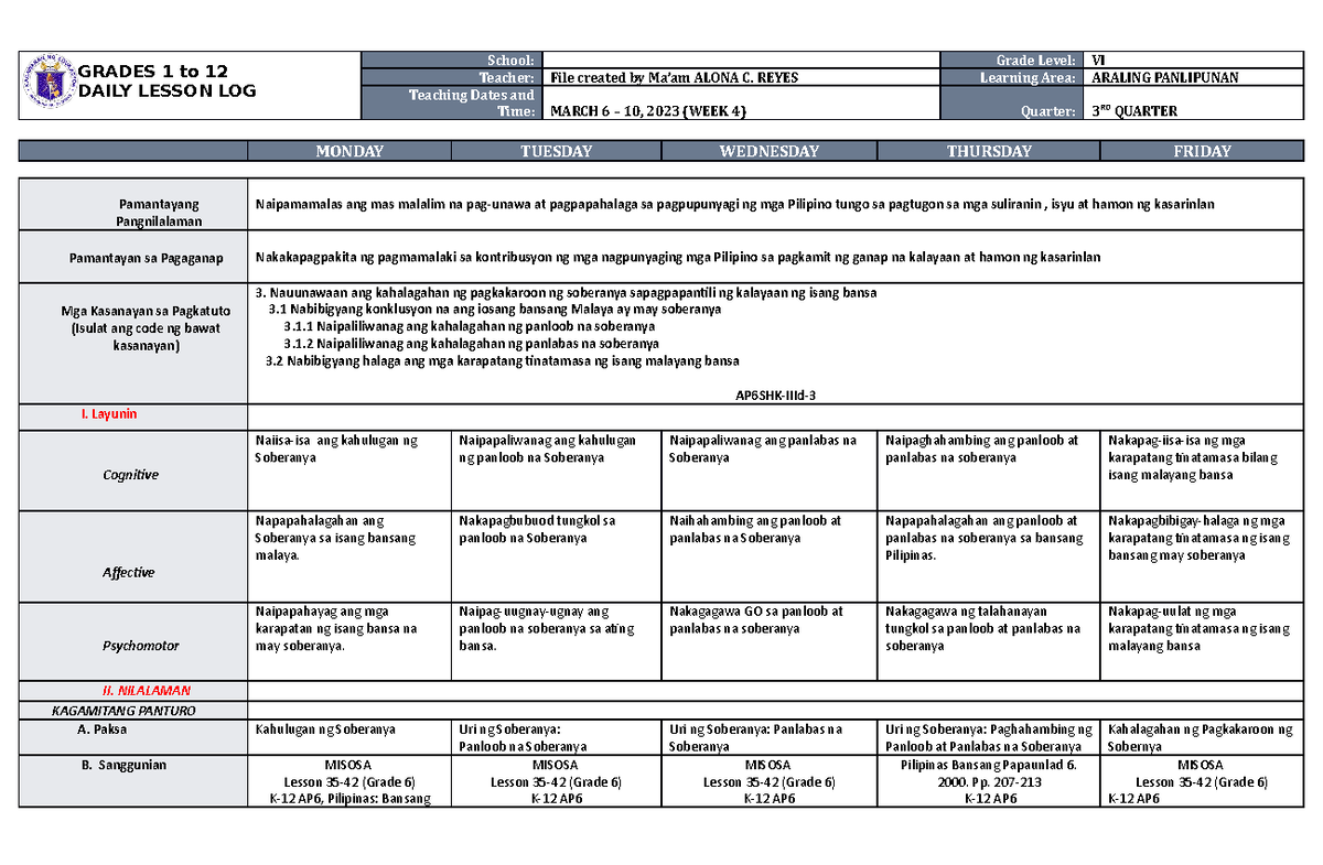 DLL Araling Panlipunan 6 Q3 W4 - GRADES 1 to 12 DAILY LESSON LOG School ...