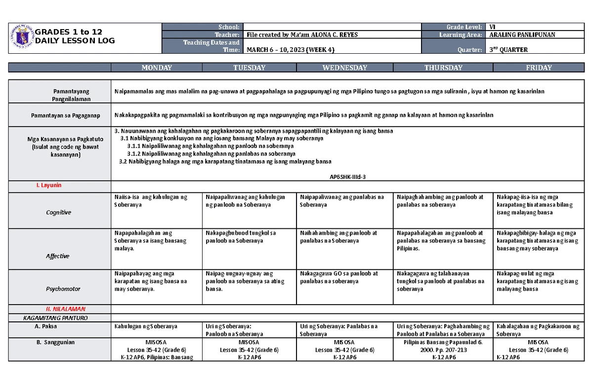 DLL Science 6 Q3 W1 - GRADES 1 to 12 DAILY LESSON LOG School: Grade ...