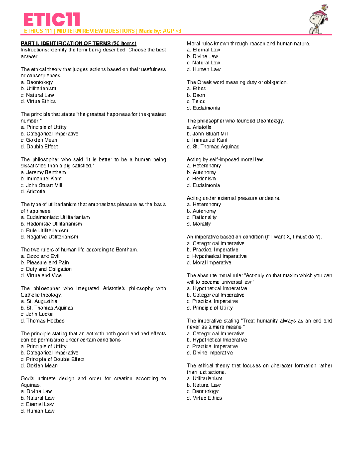 ETIC11 ETHICS MIDTERM REVIEW QUESTIONS: Comprehensive Study Guide - Studocu