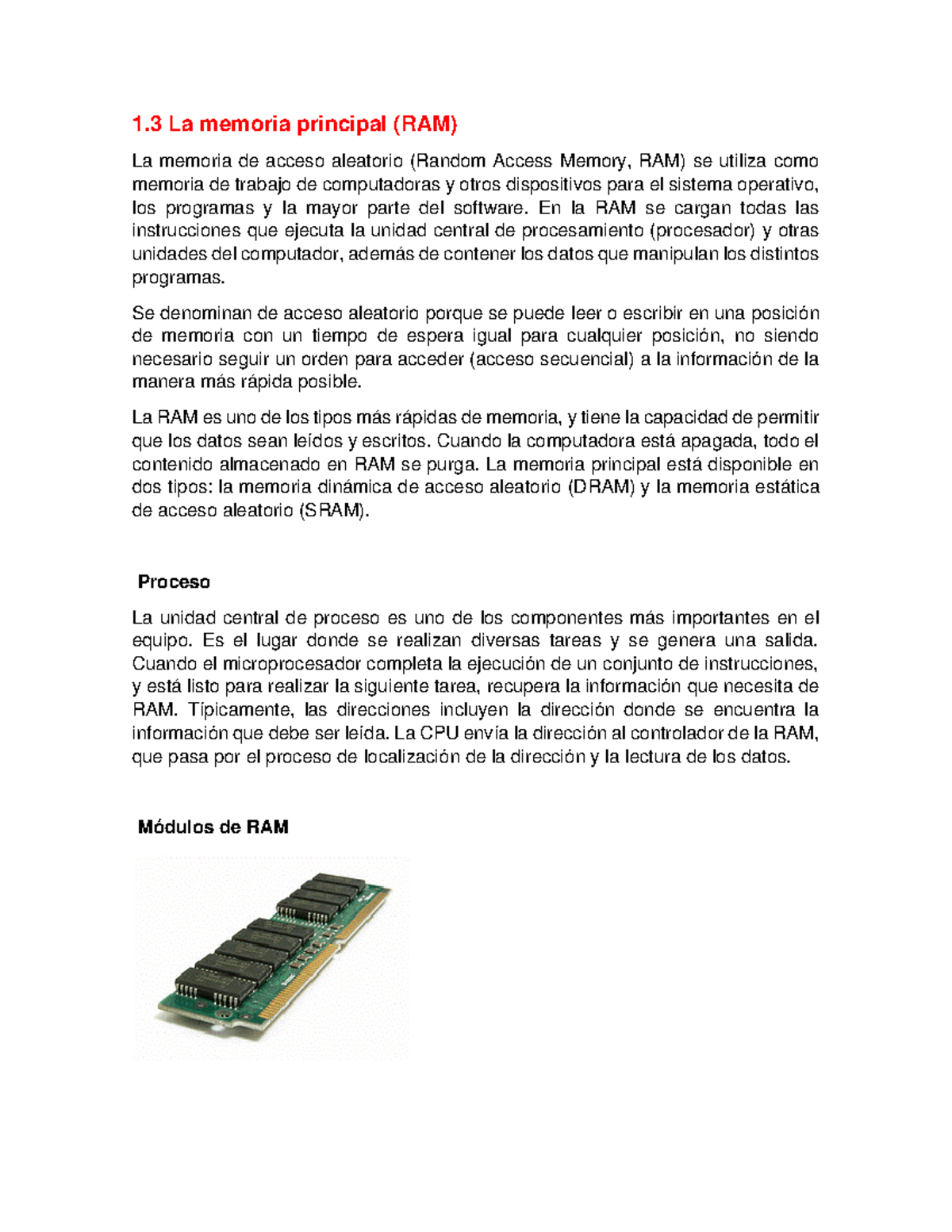 La memoria principal (RAM) - Funciones y Proceso de Acceso - Studocu