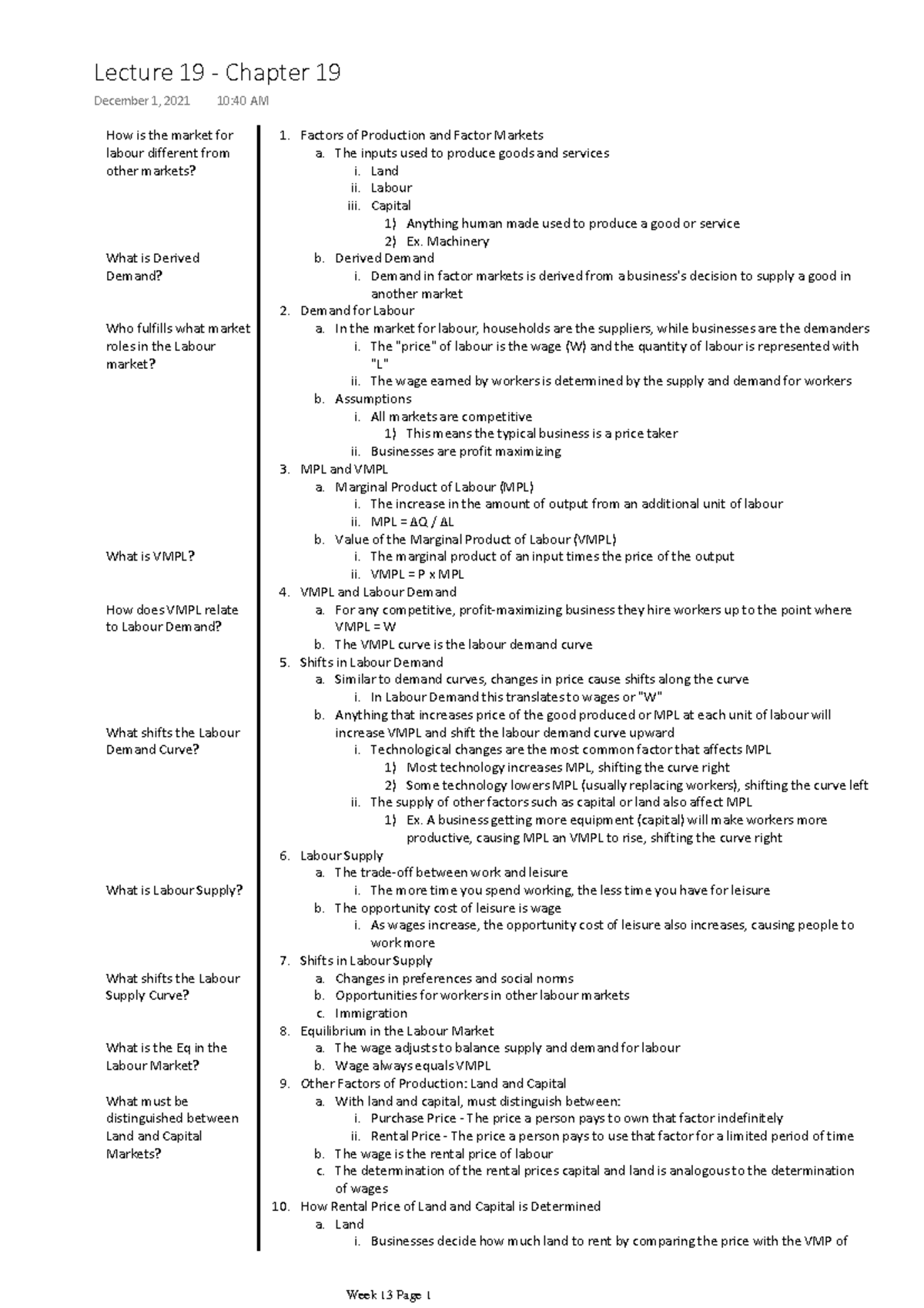 Chapter 19 Notes [ ECON 101 ] - Factors of Production and Factor ...