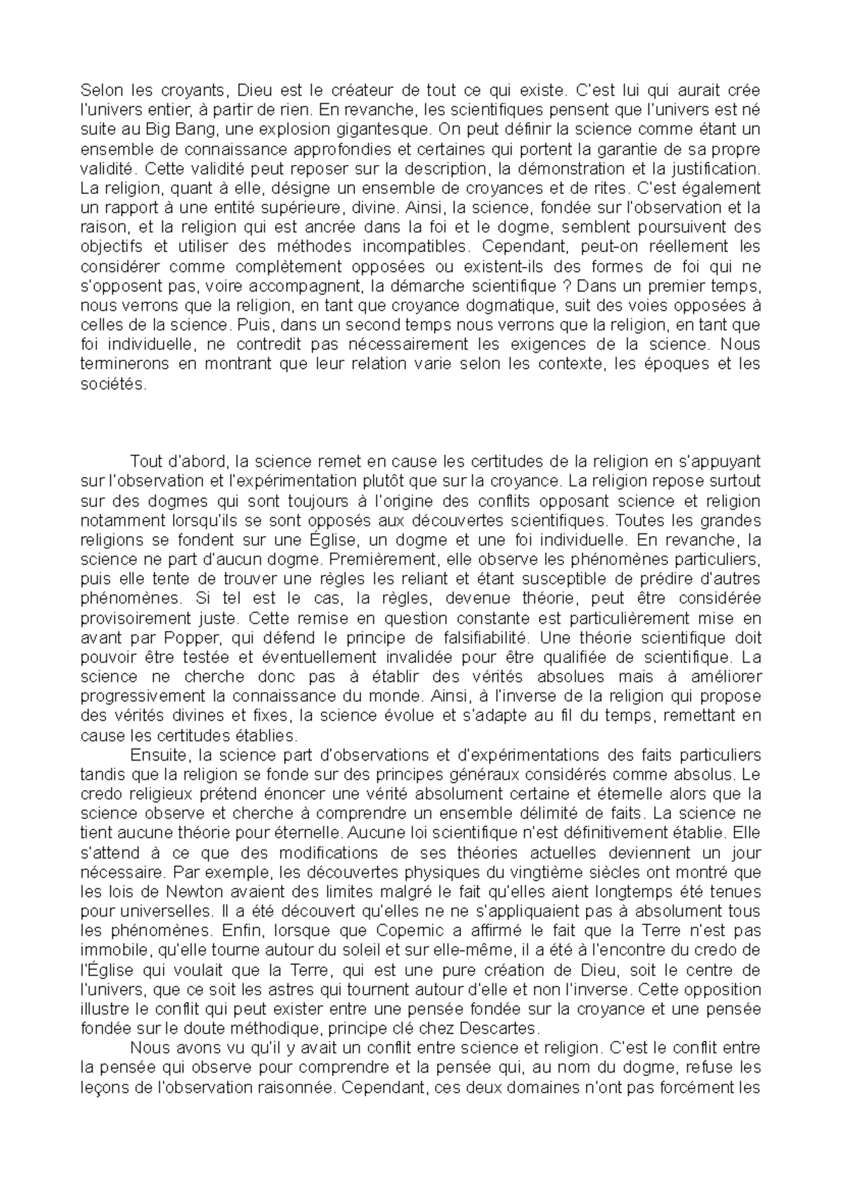 Dissertation de Philosophie : Science et Religion en Conflit et ...