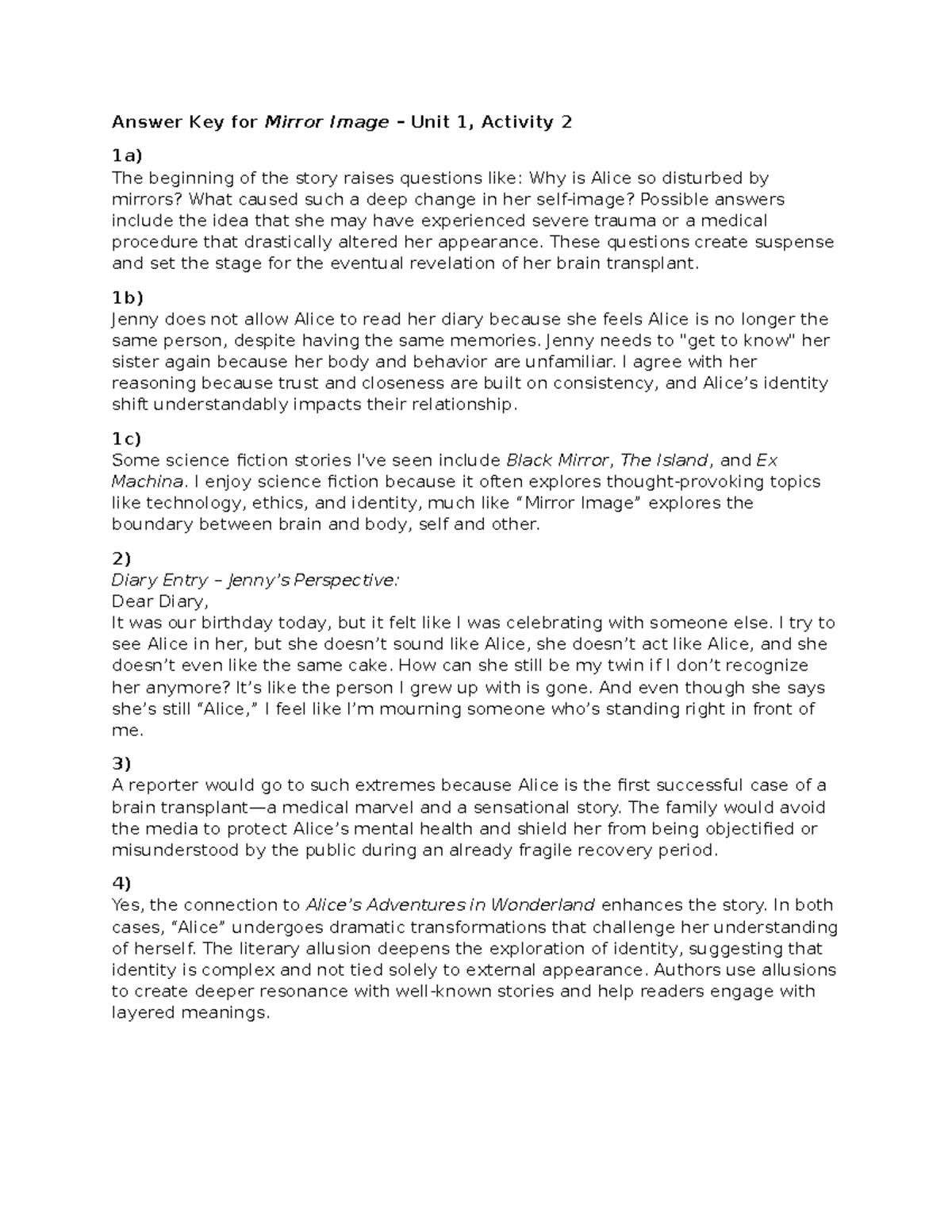 Unit 1 - Activity 2 Answer Key: Mirror Image Analysis - Studocu