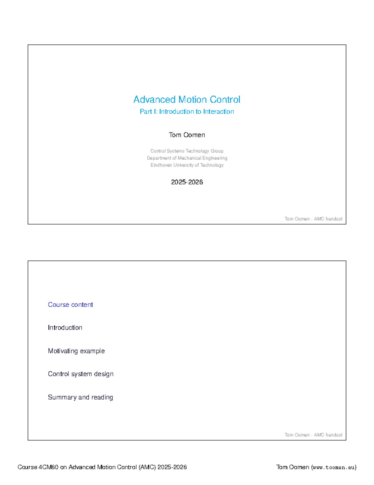 Advanced Motion Control (AMC) Course 4CM60: Introductory Slides ...