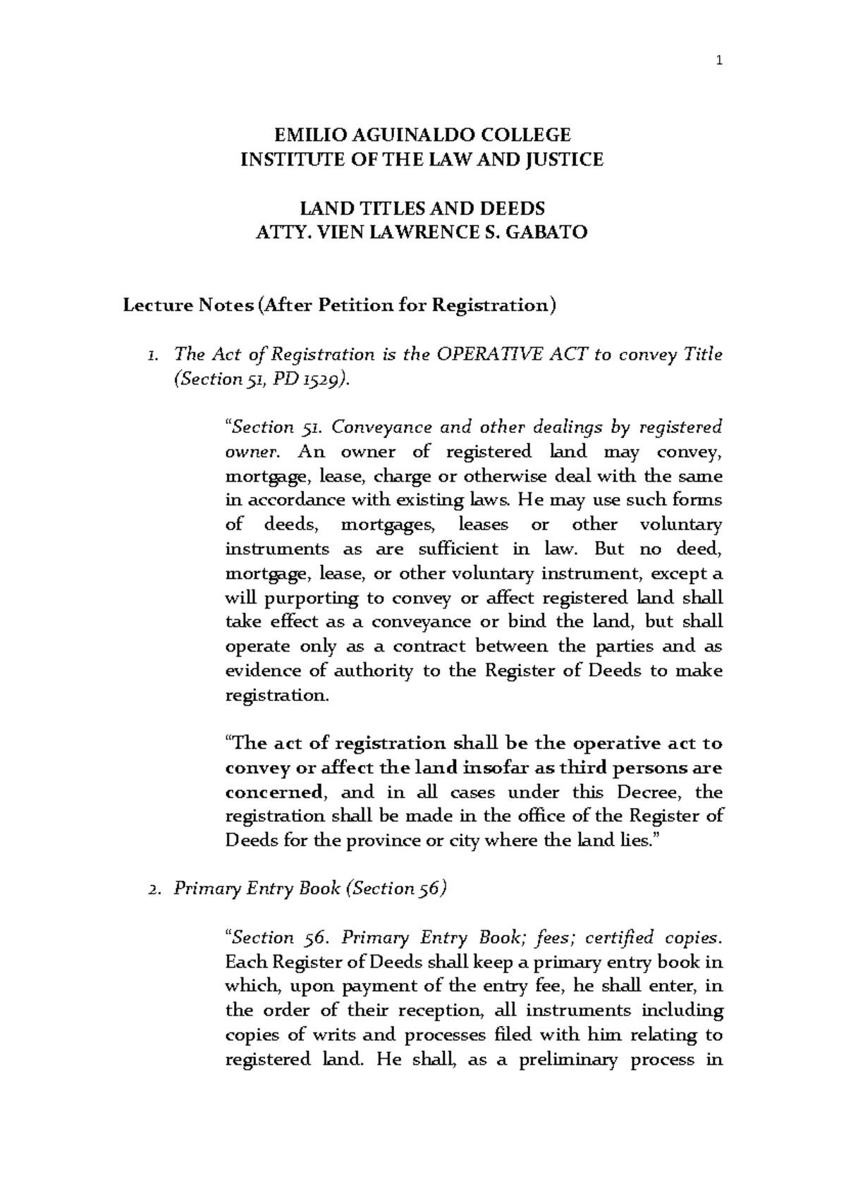 Land Titles and Deeds (LAW 101) Lecture Notes: Key Points & Summary ...
