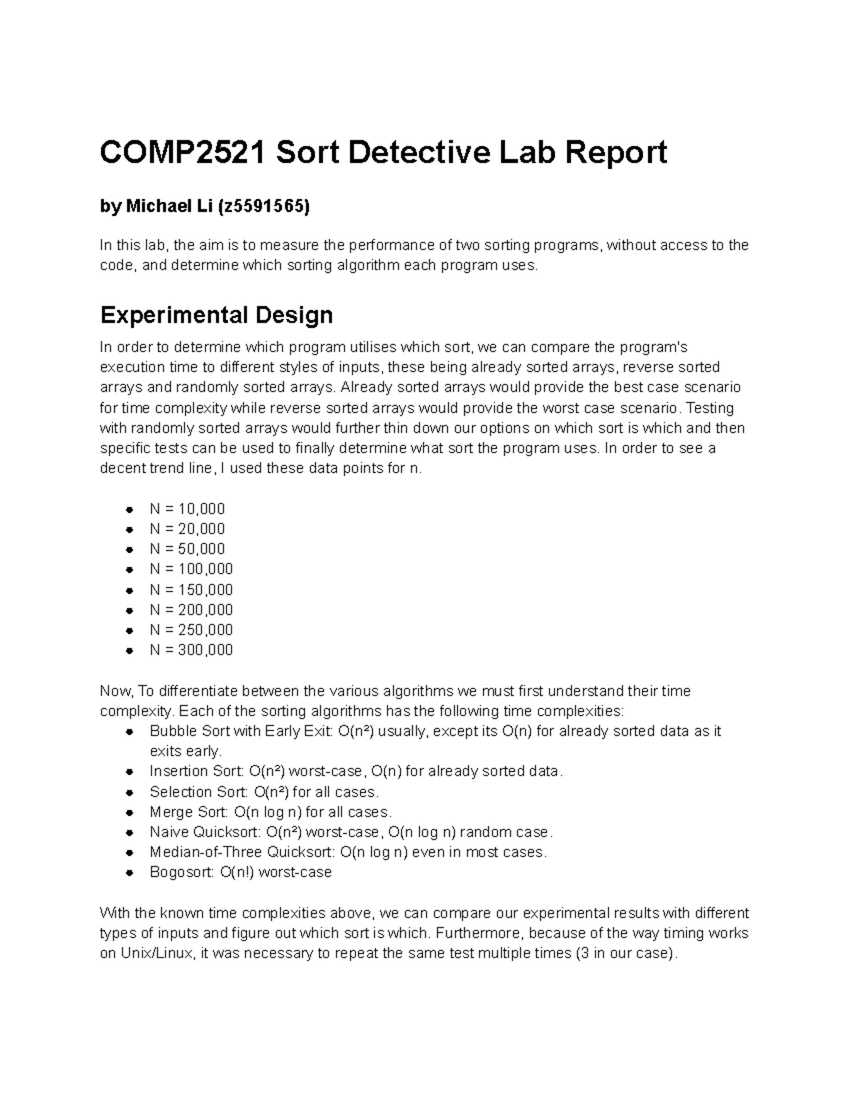 COMP2521 Lab Report: Analyzing Sorting Algorithms Performance - Studocu