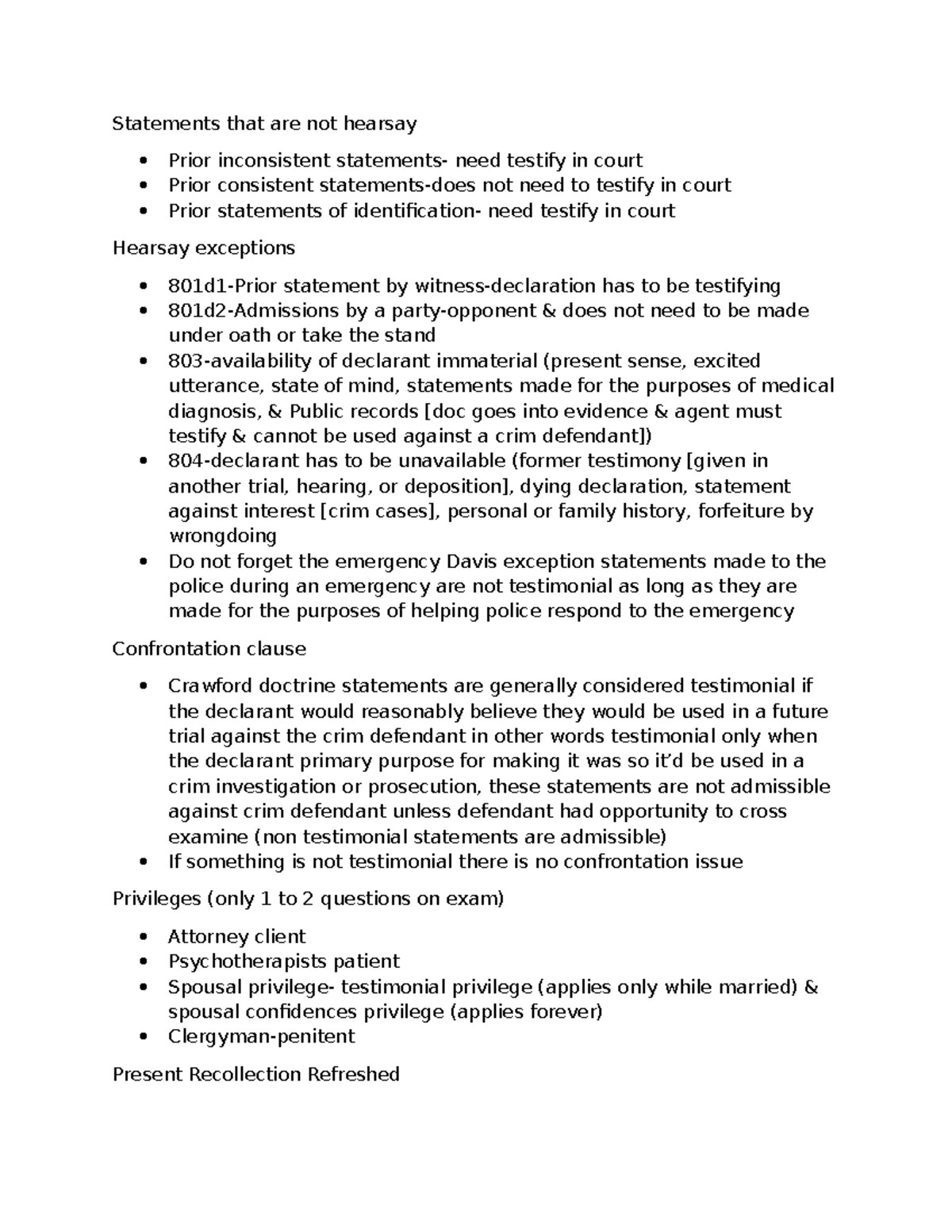 Evidence quick sheet - Statements that are not hearsay Prior ...