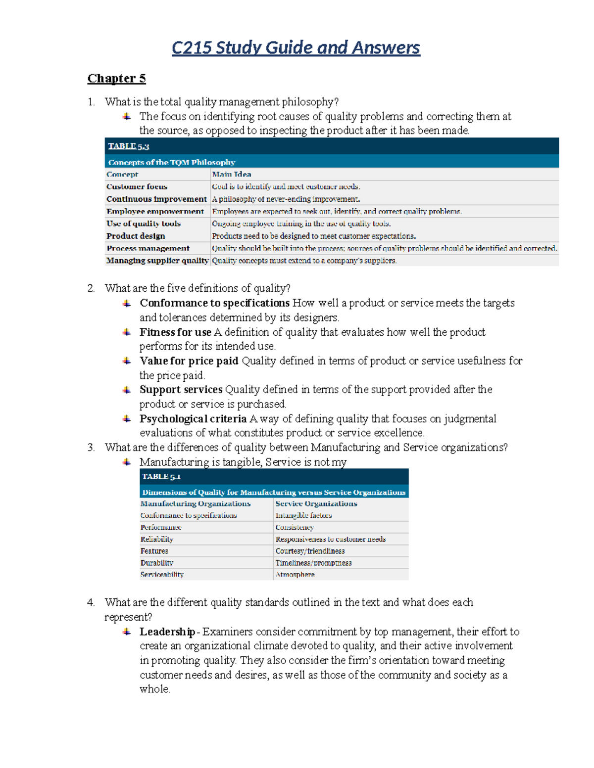 C215 Study Guide - Chapter 5 1. What is the total quality management ...
