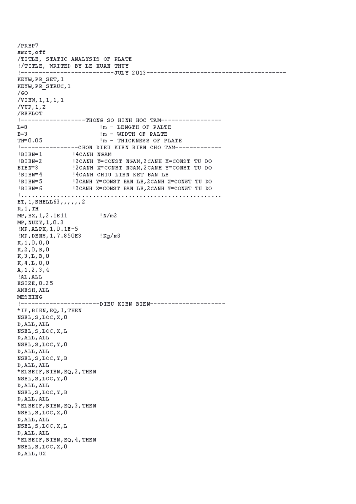 1.Tinh tam chiu tai trong tinh - /PREP smrt,off /TITLE, STATIC ANALYSIS ...