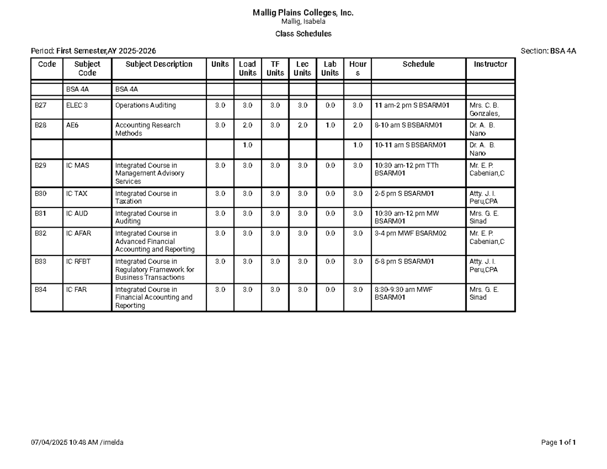 BSA 4A Class Schedule - First Semester AY 2023-2024 - Studocu
