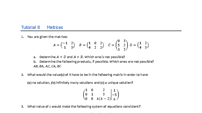 Week 8 Tutorial: Matrices and Their Operations - Studocu
