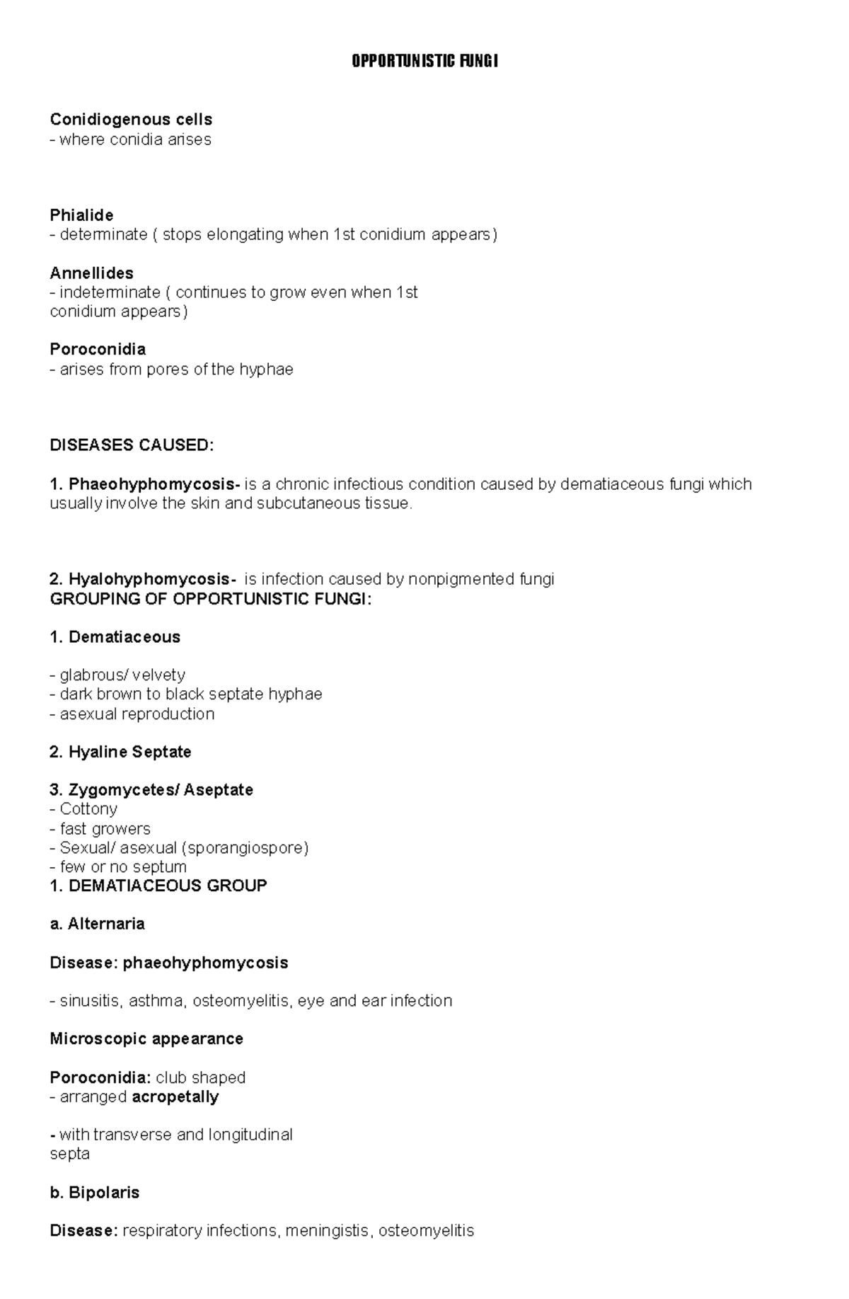 Opportunistic Fungi - Mycology Study Notes (BIO 101) - Studocu