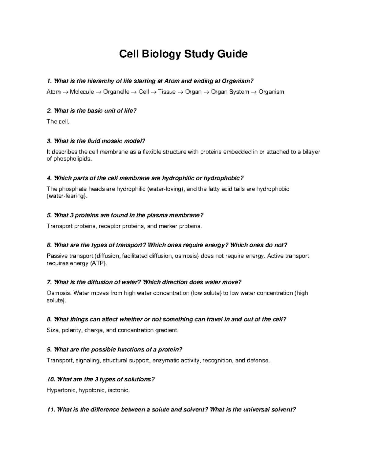 Cell Biology Study Guide for Biology 101: Key Concepts - Studocu