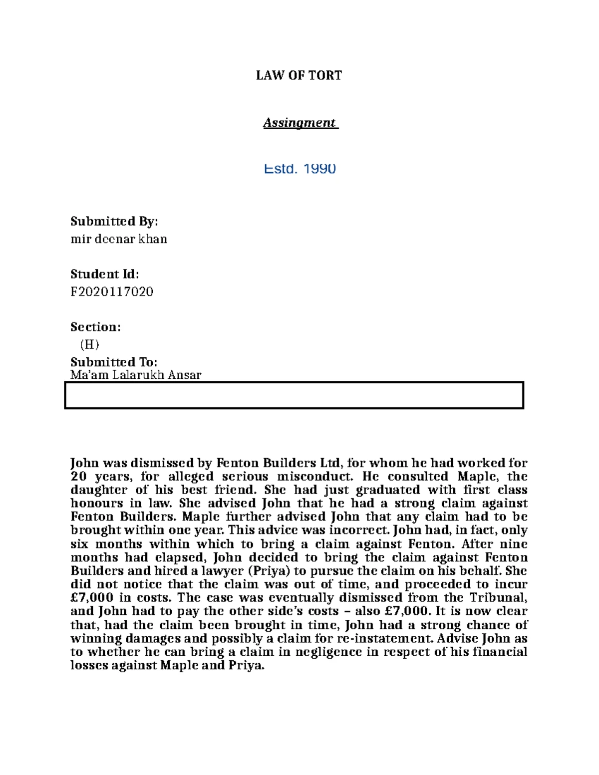 Tort Law Chart 2023: Medical Negligence & Duty of Care Analysis - Studocu
